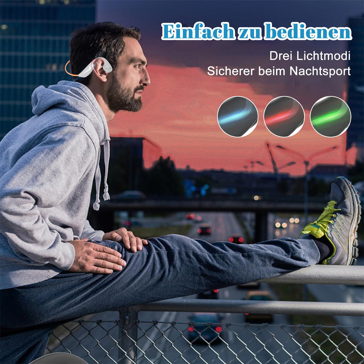 Mann mit Kopfhörern dehnt Bein auf einem Geländer. Rote, grüne und blaue Lichter werden angezeigt, mit deutschem Text.