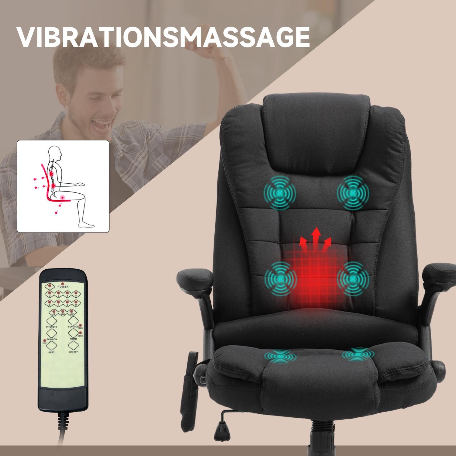 Schwarzer Massagestuhl mit Fernbedienung, Diagramm einer Person und einem fröhlichen Mann im Hintergrund. Stuhl hat Vibrationspunkte.