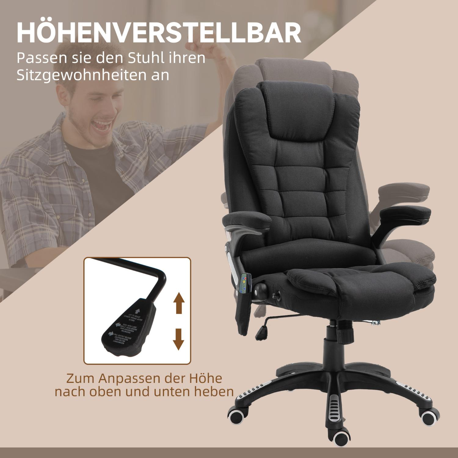 Schwarzer ergonomischer Bürostuhl. Er hat eine höhenverstellbare Sitzfläche, Armlehnen und eine Kopfstütze. Im Hintergrund ist ein Mann zu sehen.