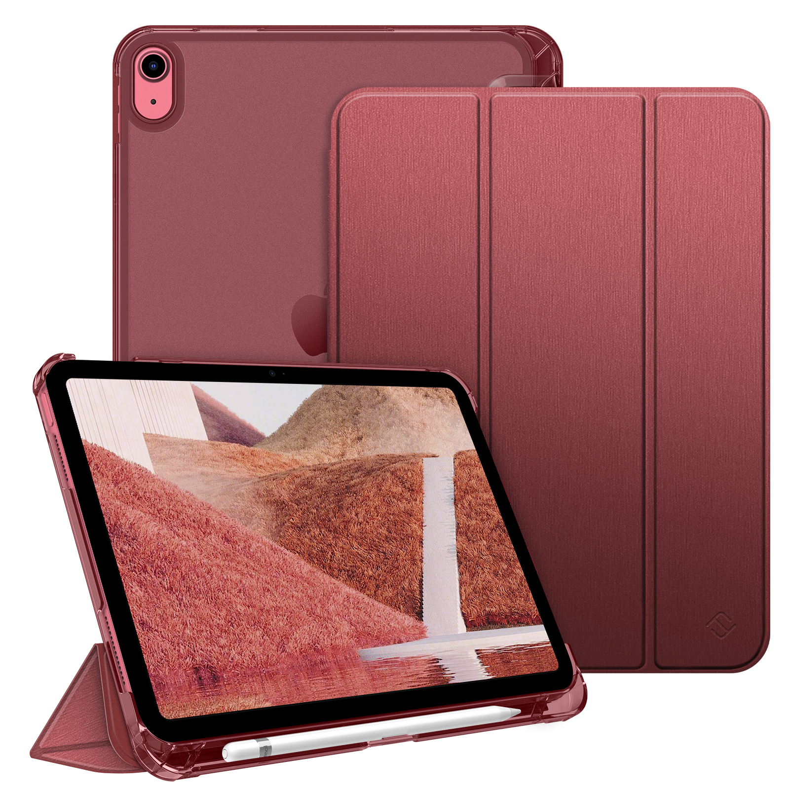 Ein rotes iPad in einer Hülle mit Stift. Zwei Hüllen sind dahinter. Der Bildschirm zeigt eine Landschaft mit weißen Linien.
