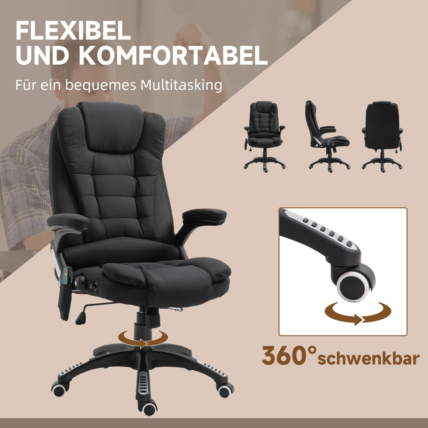 Schwarzer Bürostuhl mit Text: FLEXIBEL UND KOMFORTABEL, und 360° drehbar. Drei Stuhlansichten. Bequem für Multitasking.