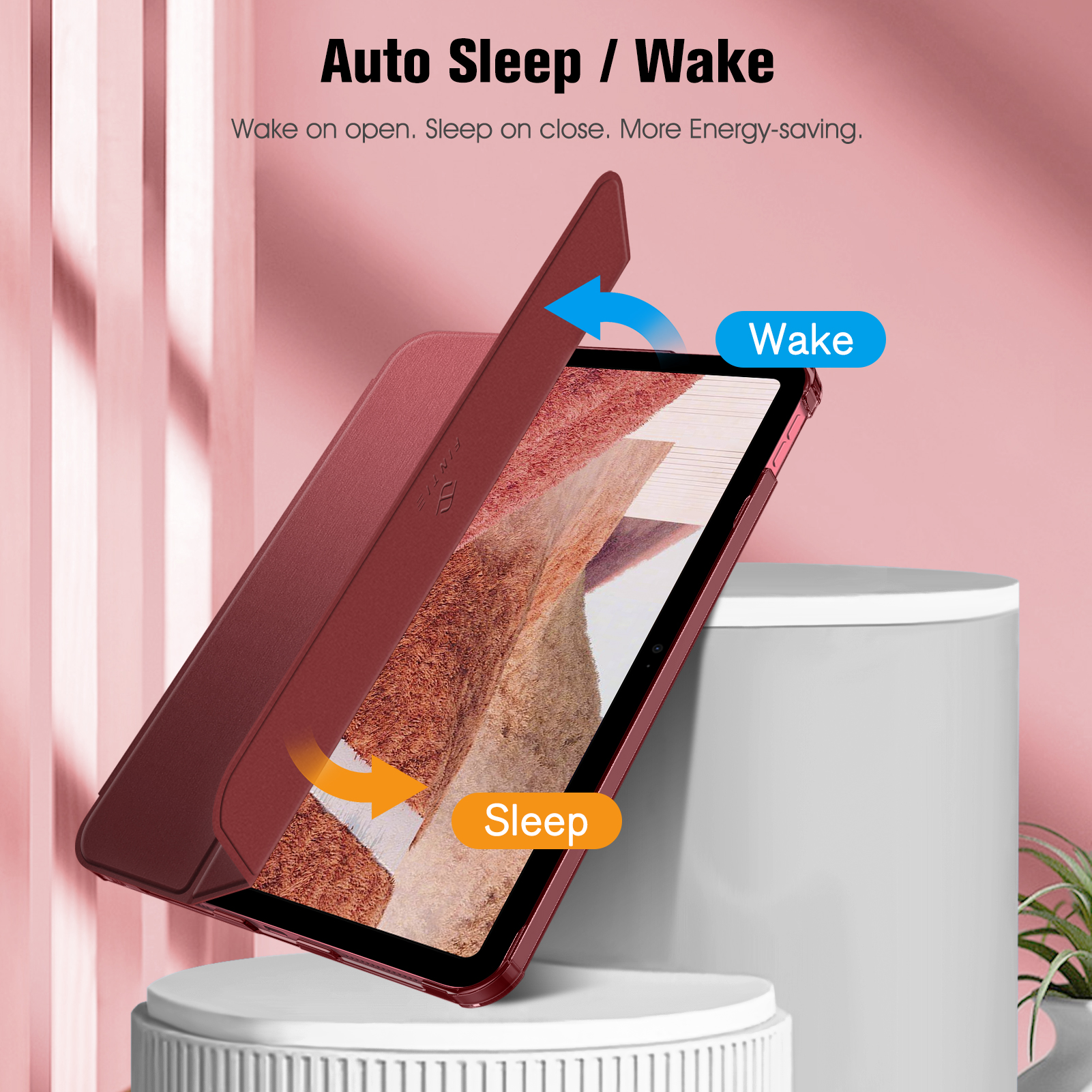 Eine Tablet-Hülle mit 'Wake'- und 'Sleep'-Funktion wird geöffnet dargestellt, mit Pfeilen, die ihre Funktion anzeigen. Hintergrund ist rosa.