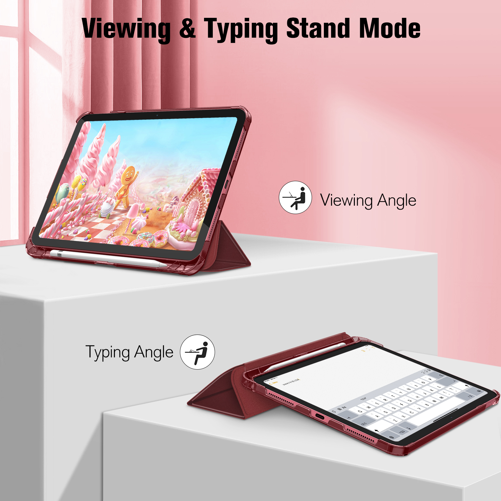 Das Bild zeigt ein Tablet in zwei Modi: Betrachten und Tippen. Das Tablet befindet sich in einem roten Gehäuse und zeigt eine bunte Süßigkeitenszene auf dem Bildschirm.