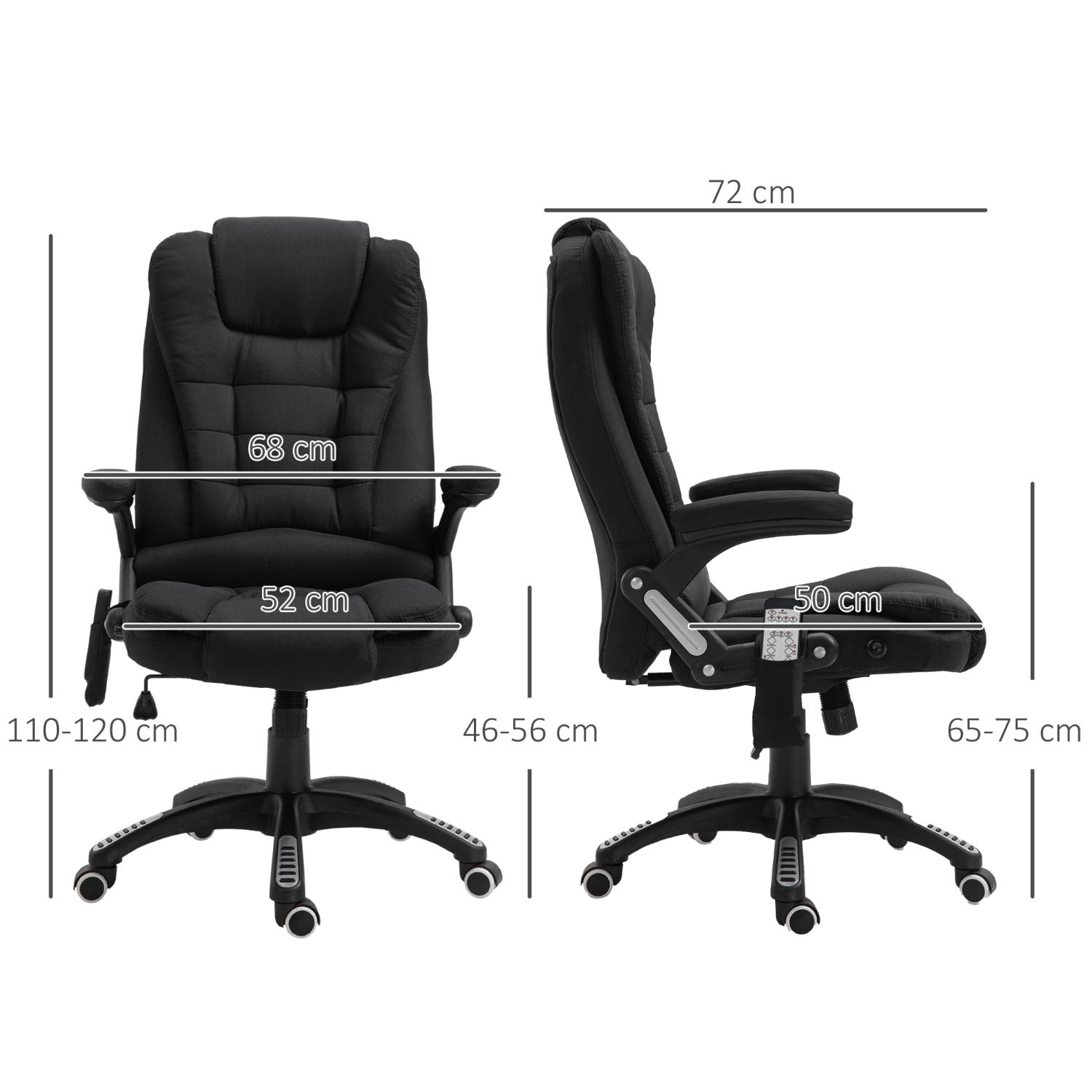 Schwarzer Bürostuhl mit Maßangaben: Höhe 110-120cm, Breite 68cm, Sitztiefe 52cm und Basisbreite 72cm.
