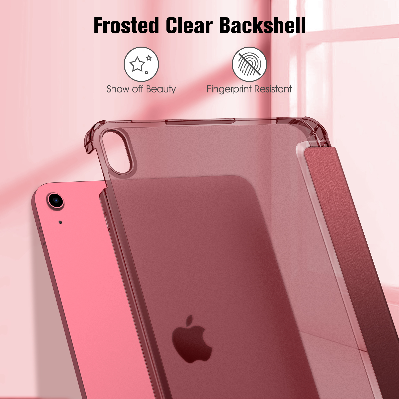 Rosa iPad mit einer durchsichtigen, mattierten Rückschale. Das Gehäuse zeigt das Apple-Logo. Text: Mattierte klare Rückseite, Schönheit zeigen.