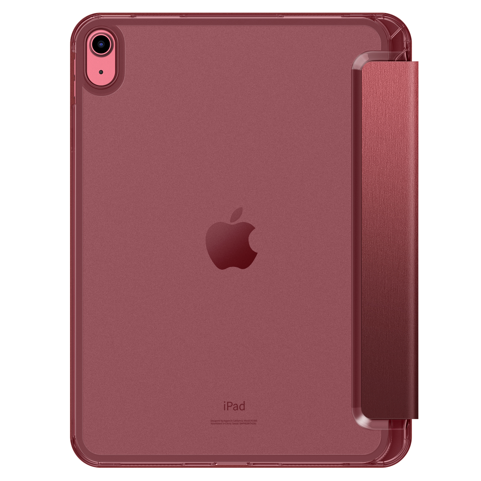 Ein rotes iPad in einer roten Hülle mit einer Abdeckung. Das Apple-Logo ist sichtbar. Die Kamera befindet sich oben links.