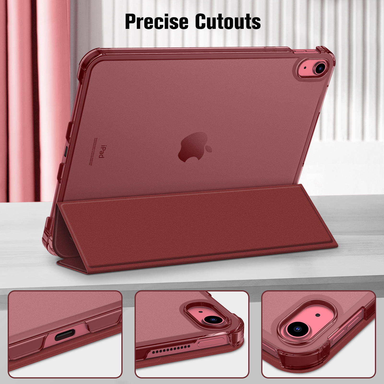 Ein rotes iPad in einem Gehäuse, das aufrecht steht. Die Hülle hat eine Abdeckung. Präzise Ausschnitte sind sichtbar. Weitere Details in 3 kleineren Bildern.