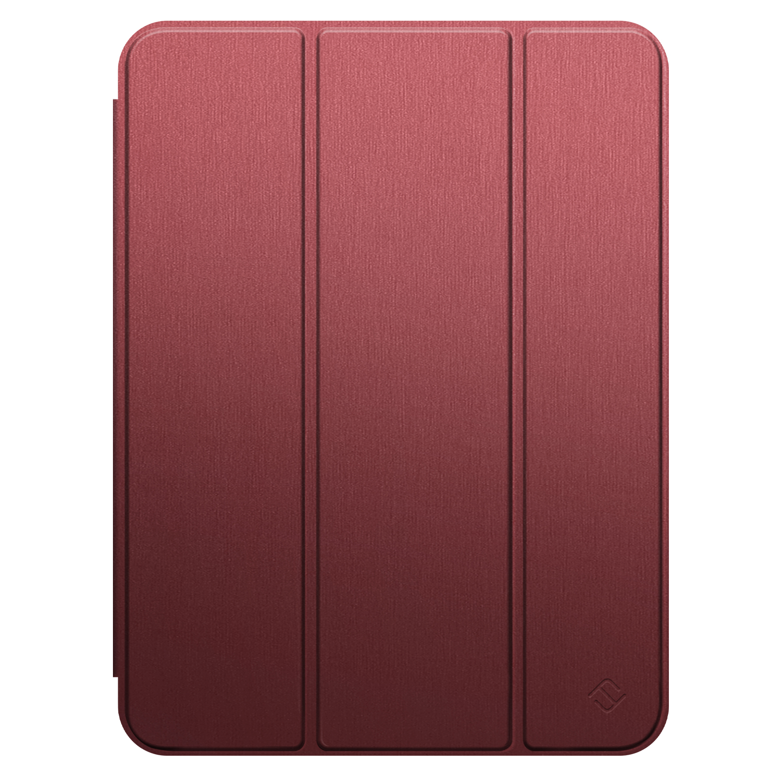 Eine rote Tablethülle. Die Hülle ist in drei Abschnitte gefaltet. Ein Logo befindet sich unten rechts.