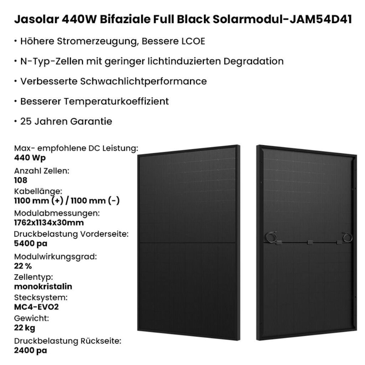 Zwei schwarze Solarmodule mit technischen Daten. Text enthält Modell, Leistung und andere Details.