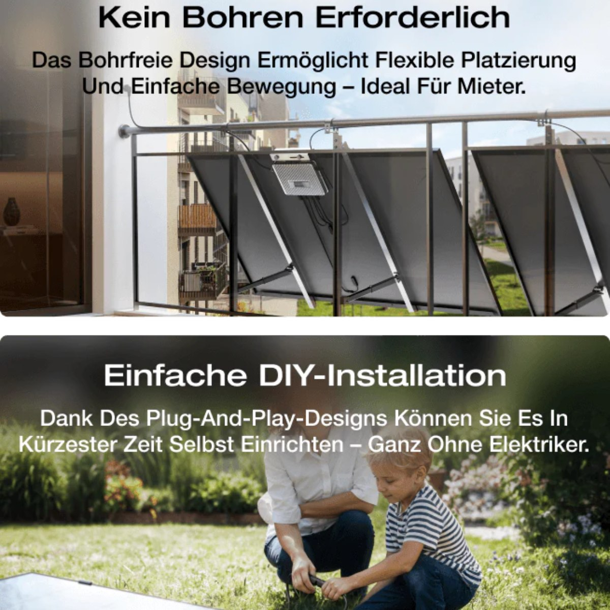 Balkon mit installierten Sonnenkollektoren. Eine Person und ein Kind installieren etwas auf dem Rasen. Text auf Deutsch.