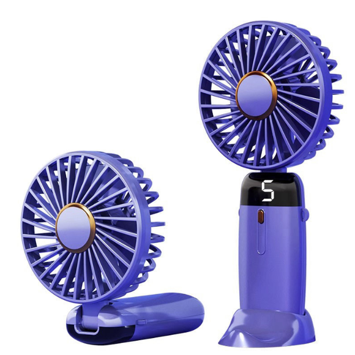 Zwei lila tragbare Ventilatoren. Einer gefaltet, der andere aufrecht mit digitaler Anzeige mit der Zahl 5.