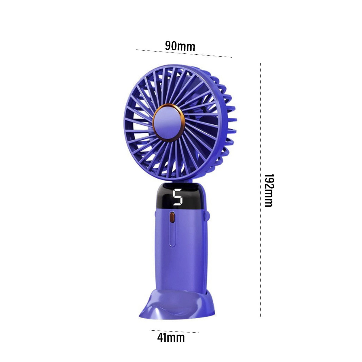 Ein blauer und violetter tragbarer Ventilator. Er hat eine digitale Anzeige mit der Zahl 5. Maße: 90 mm x 192 mm x 41 mm.