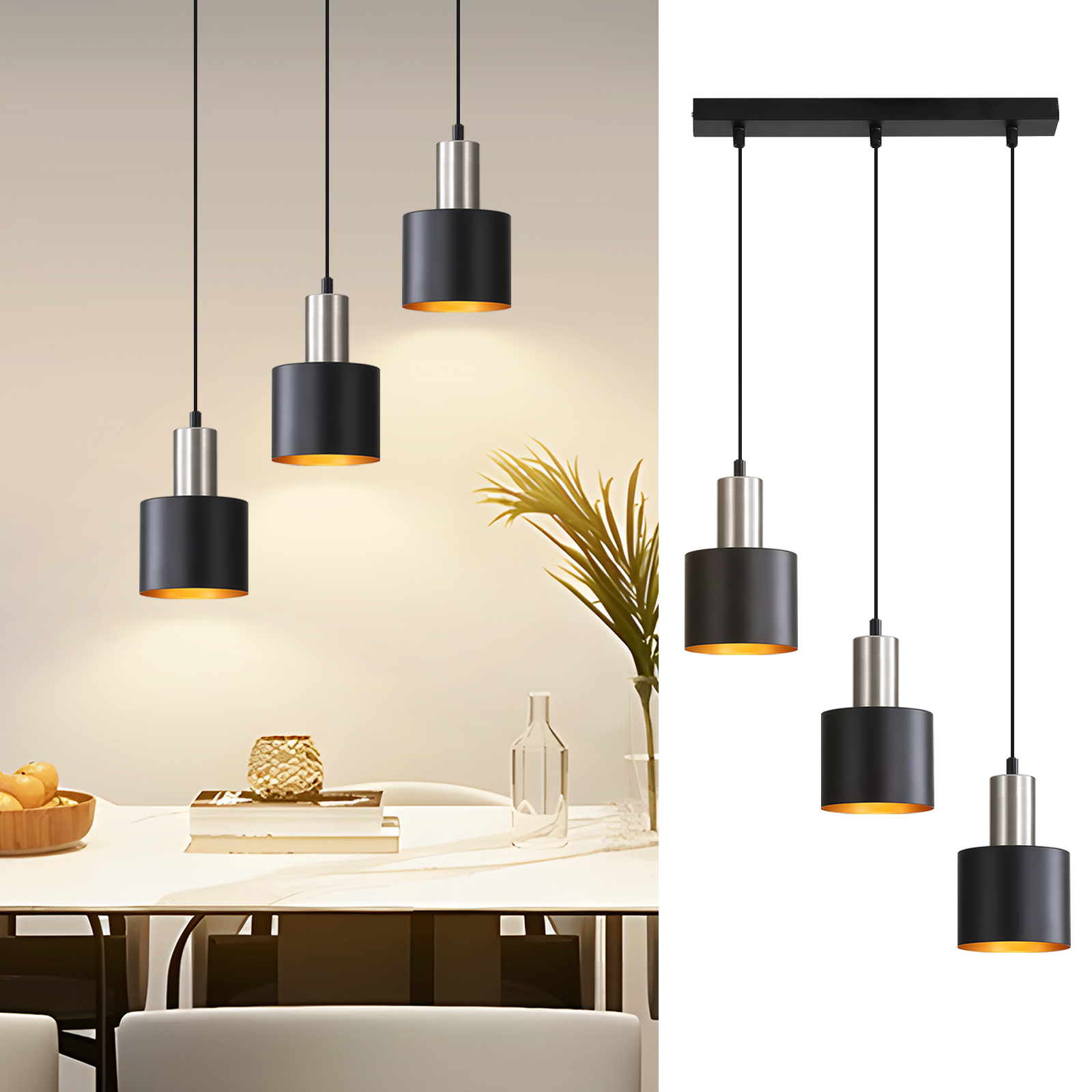 Drei moderne Pendelleuchten mit schwarzen Schirmen, silbernen Akzenten und goldenen Innenräumen hängen über einem weißen Tisch.