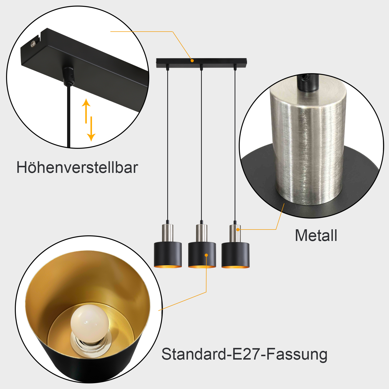 Eine schwarze und silberne Pendelleuchte mit drei Lampen, Detailansichten von Metall und einer E27-Fassung.