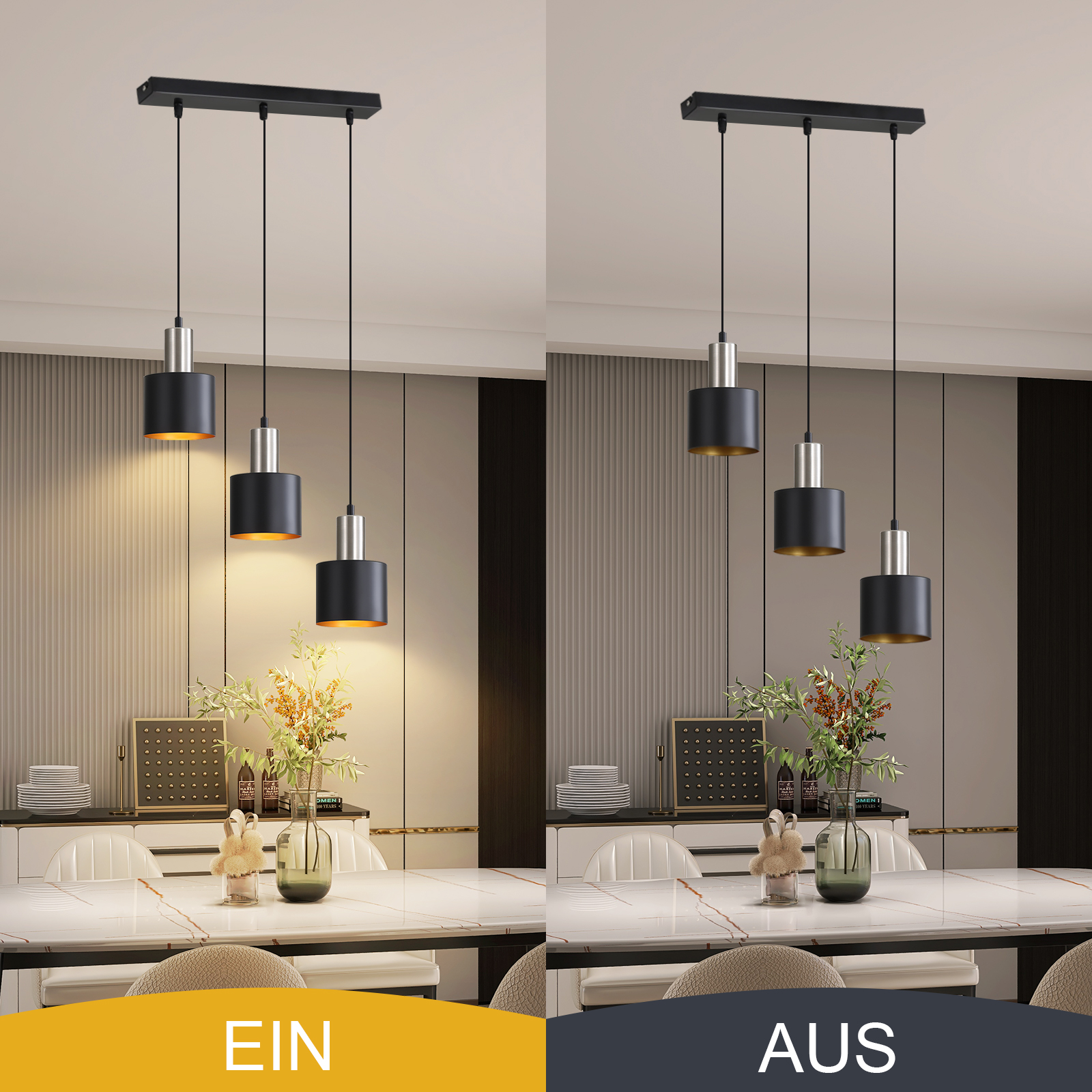 Das Bild zeigt ein Esszimmer mit eingeschaltetem und ausgeschaltetem Licht. Über dem Tisch hängen drei schwarze und silberne Pendelleuchten.