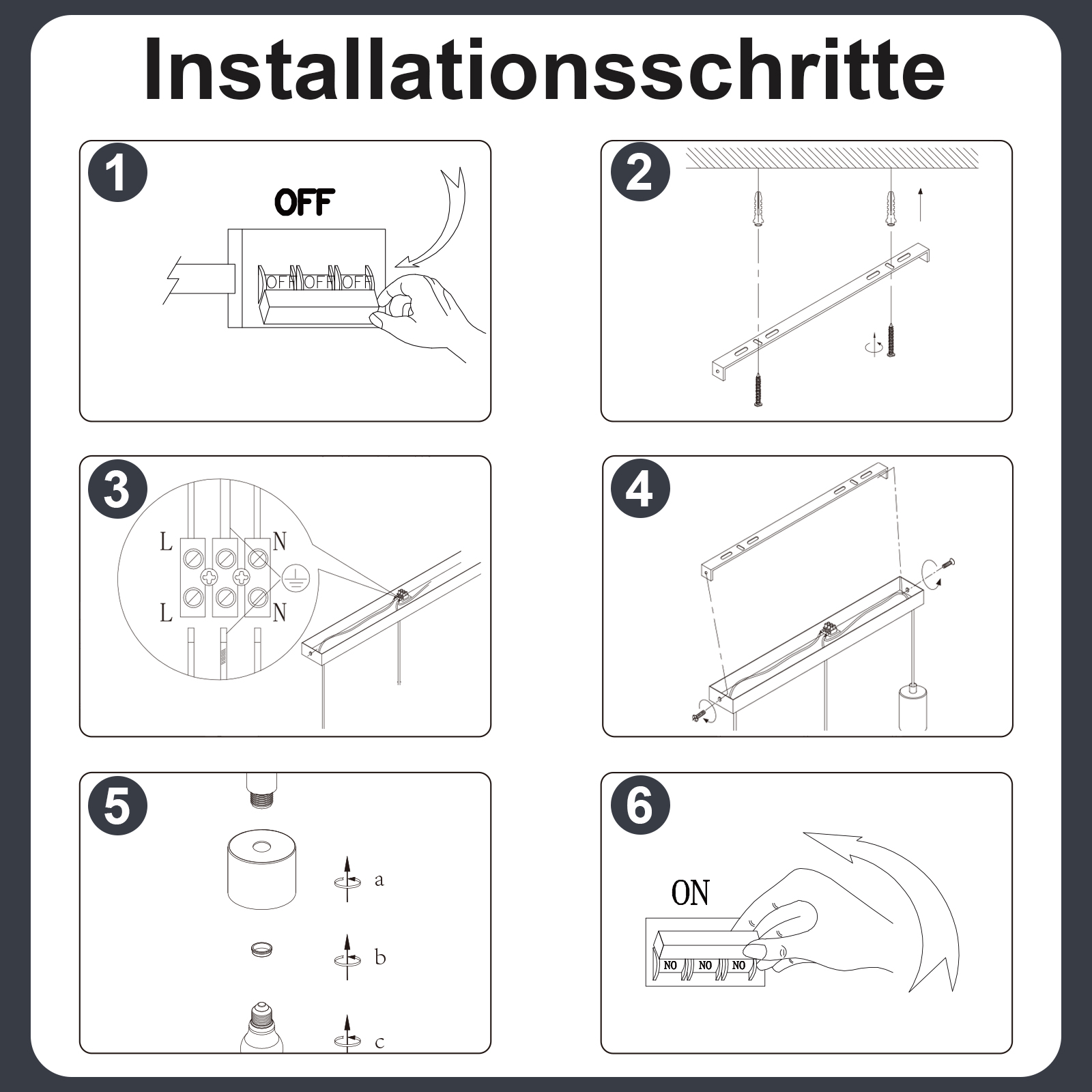 Installationsschritte: Schalten Sie den Strom aus. Montieren Sie Teile. Drahtverbindungen. Befestigen Sie die Halterung. Verbinden Sie Komponenten. Schalten Sie ein.
