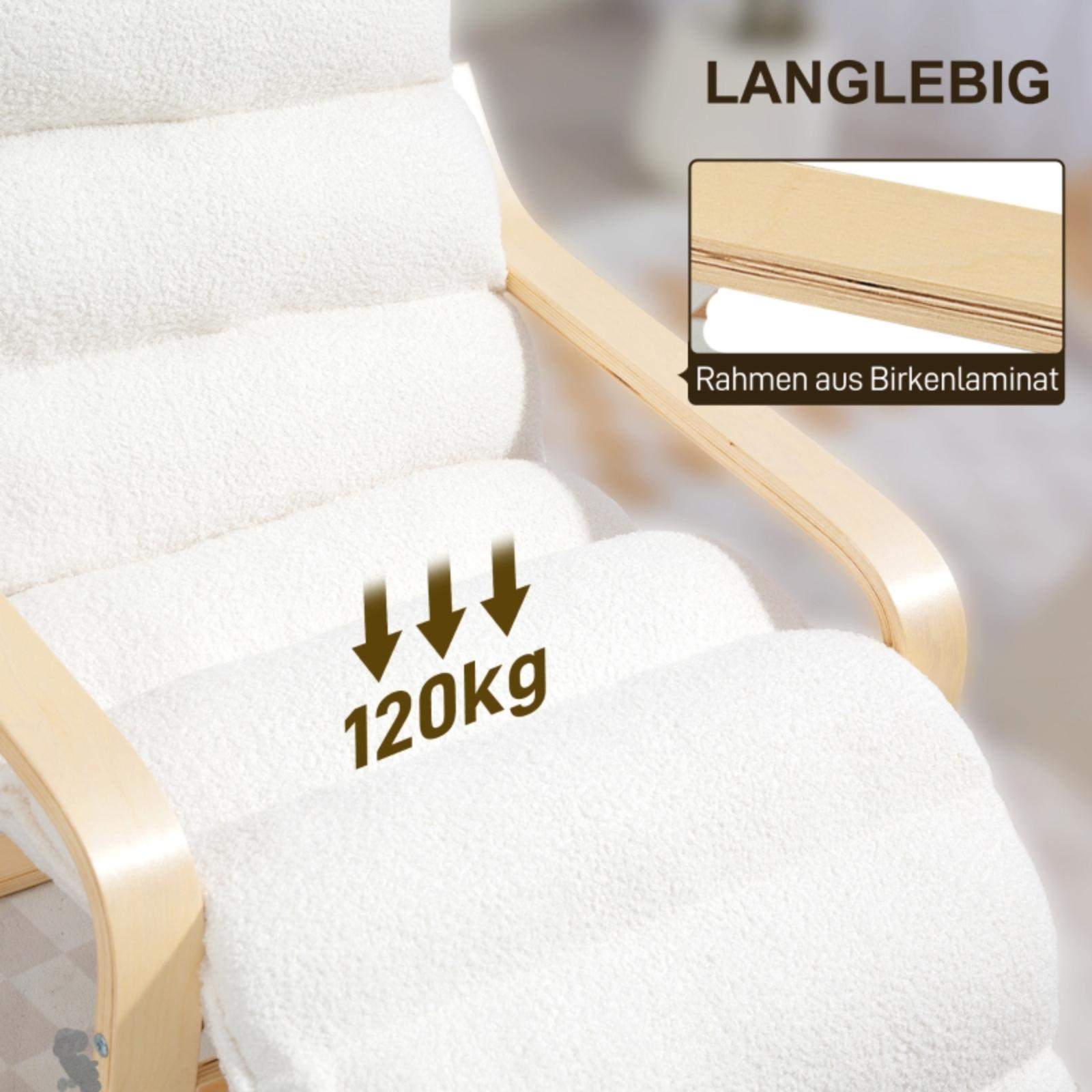 Weißer Stuhl mit Holzrahmen, 120 kg Tragfähigkeit. Text 'Langlebig' und Birkenlaminat-Rahmendetail sichtbar.