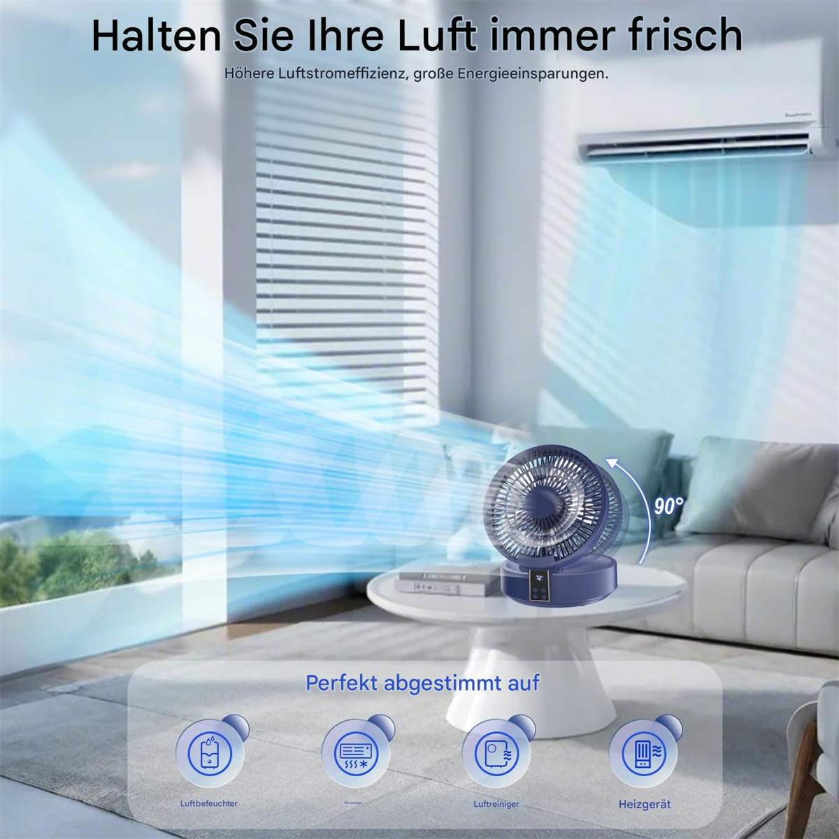 Blauer Ventilator auf weißem Tisch, mit Luftstrom. Text: Halten Sie Ihre Luft frisch, Perfekt für Luftbefeuchter, Reiniger, Heizung.
