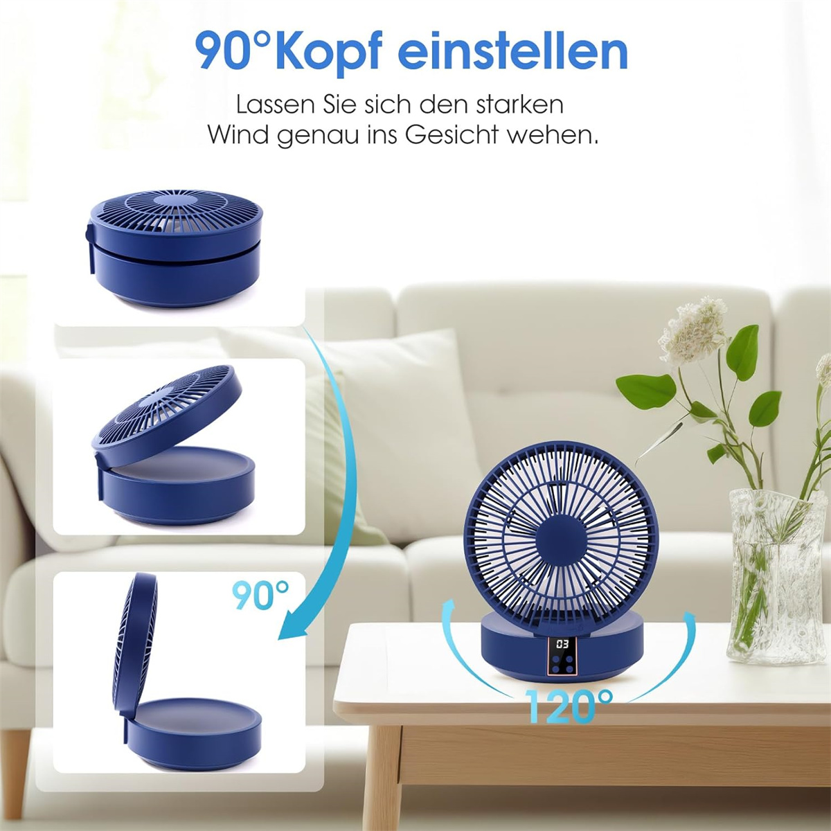 Ein blauer tragbarer Ventilator steht auf einem Tisch. Er hat drei Öffnungsstufen. Im Hintergrund sind ein weißes Sofa und Blumen in einer Vase zu sehen.