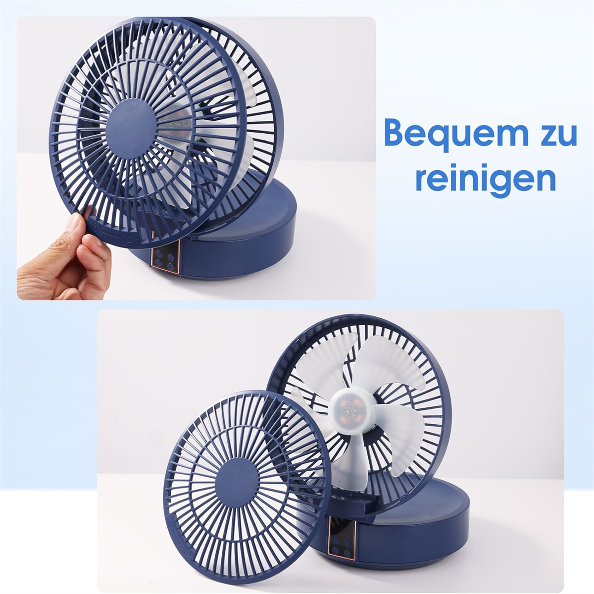 Ein blauer tragbarer Ventilator wird zerlegt dargestellt. Eine Hand hält die Frontabdeckung. Der Text rechts lautet: "Leicht zu reinigen."