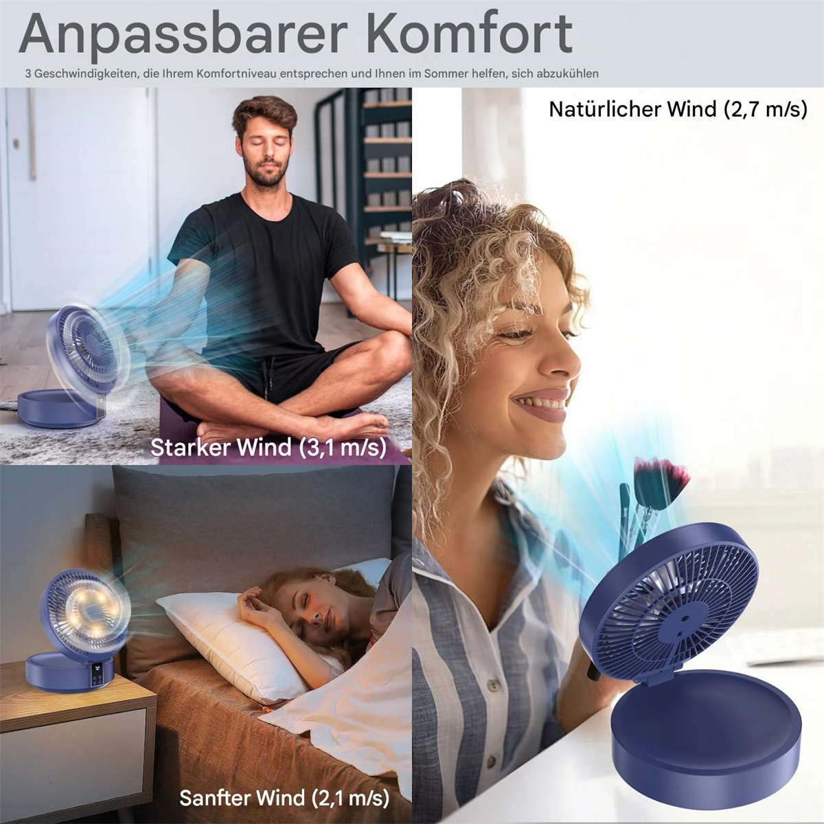 Das Bild zeigt drei Szenarien mit einem Ventilator: ein Mann meditiert, eine Frau mit Make-up und eine schlafende Frau, die alle den Ventilator benutzen.