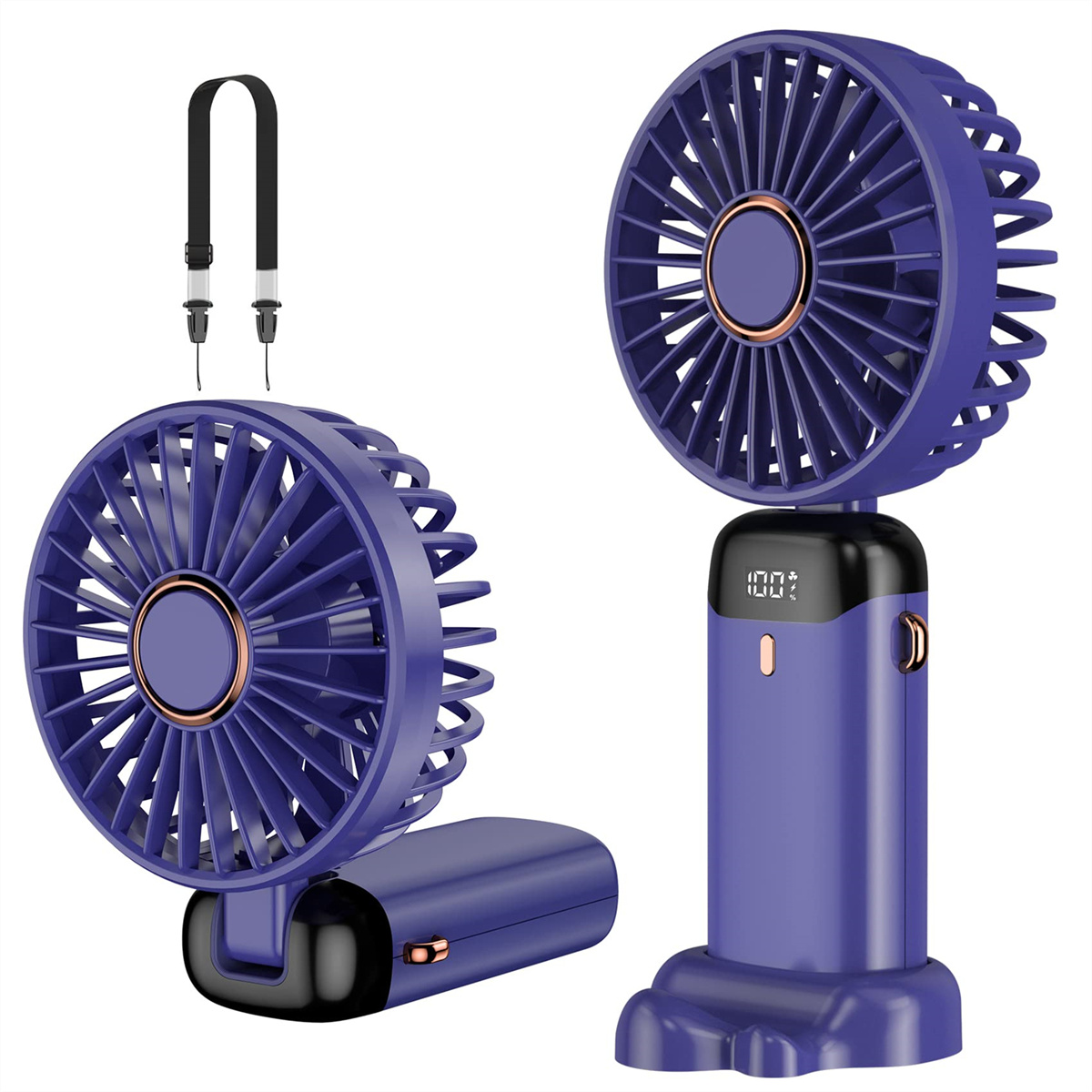 Zwei lila tragbare Ventilatoren. Einer ist zusammengeklappt. Jeder hat ein Lüfterrad, einen Griff und ein Display. Einer hat einen schwarzen Riemen.