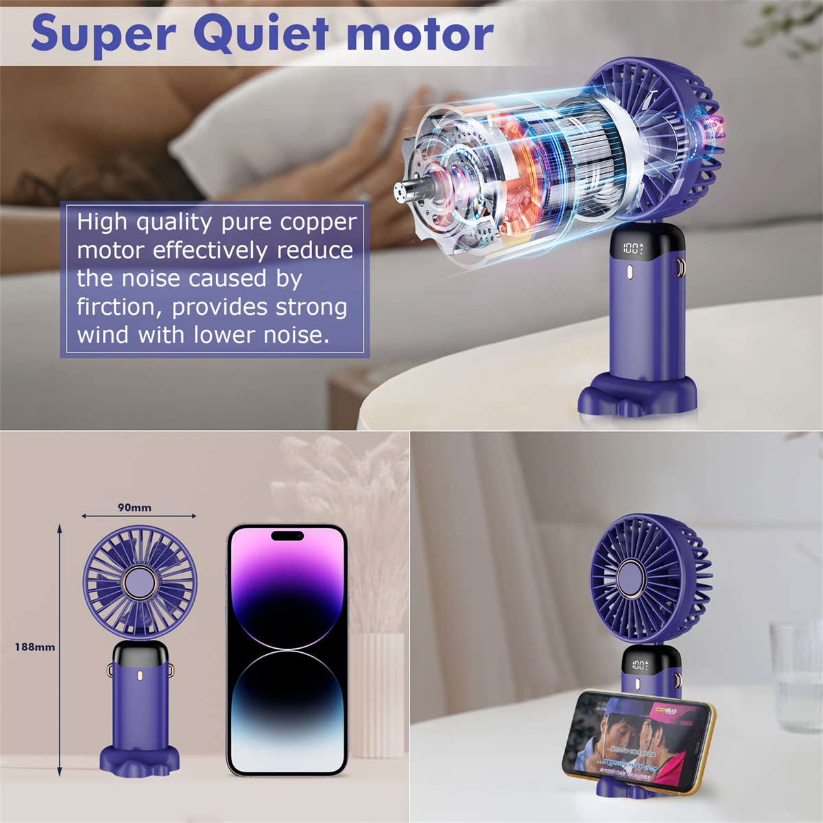 Ein Bild zeigt einen lila Ventilator mit einem Telefon. Text sagt 'Super leiser Motor'. Der Lüfter hat eine Digitalanzeige mit 100%.