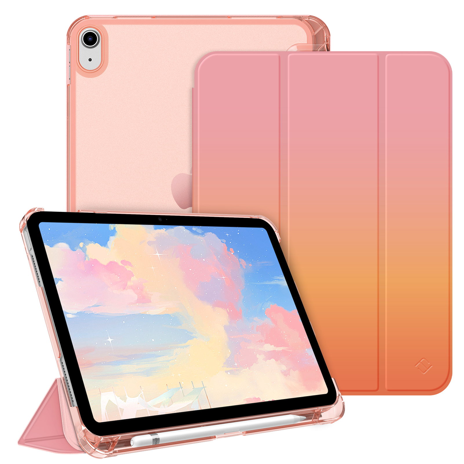 Drei iPads mit rosa Hüllen. Eines zeigt eine Himmelsansicht, die anderen beiden sind geschlossen. Eine Hülle ist transparent.
