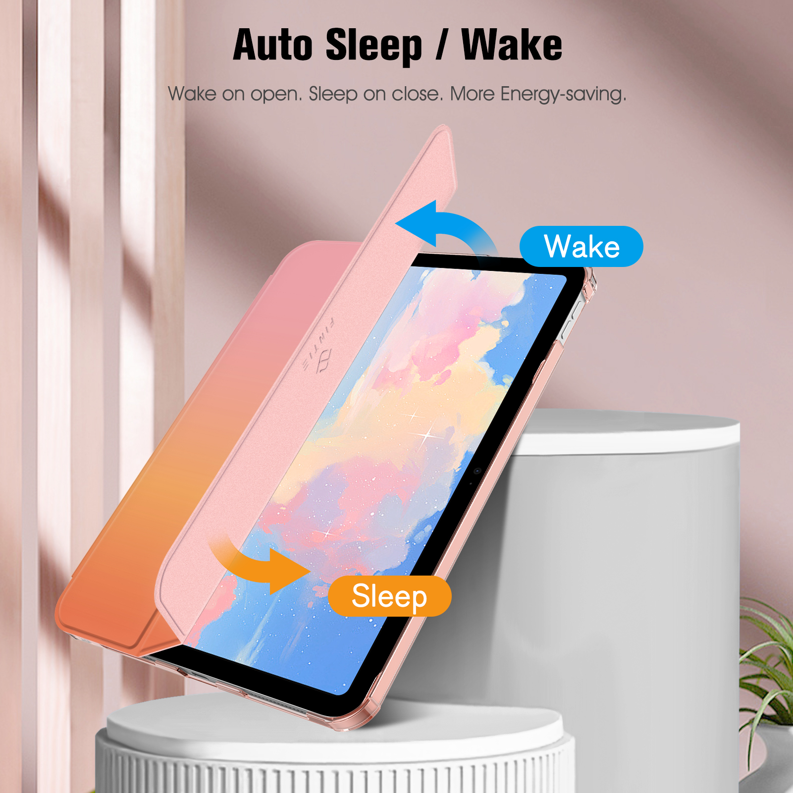 Rosa Tablethülle auf einem Ständer, mit offenem Deckel. Pfeile zeigen 'Wake' und 'Sleep'. Text lautet 'Auto Sleep/Wake'.