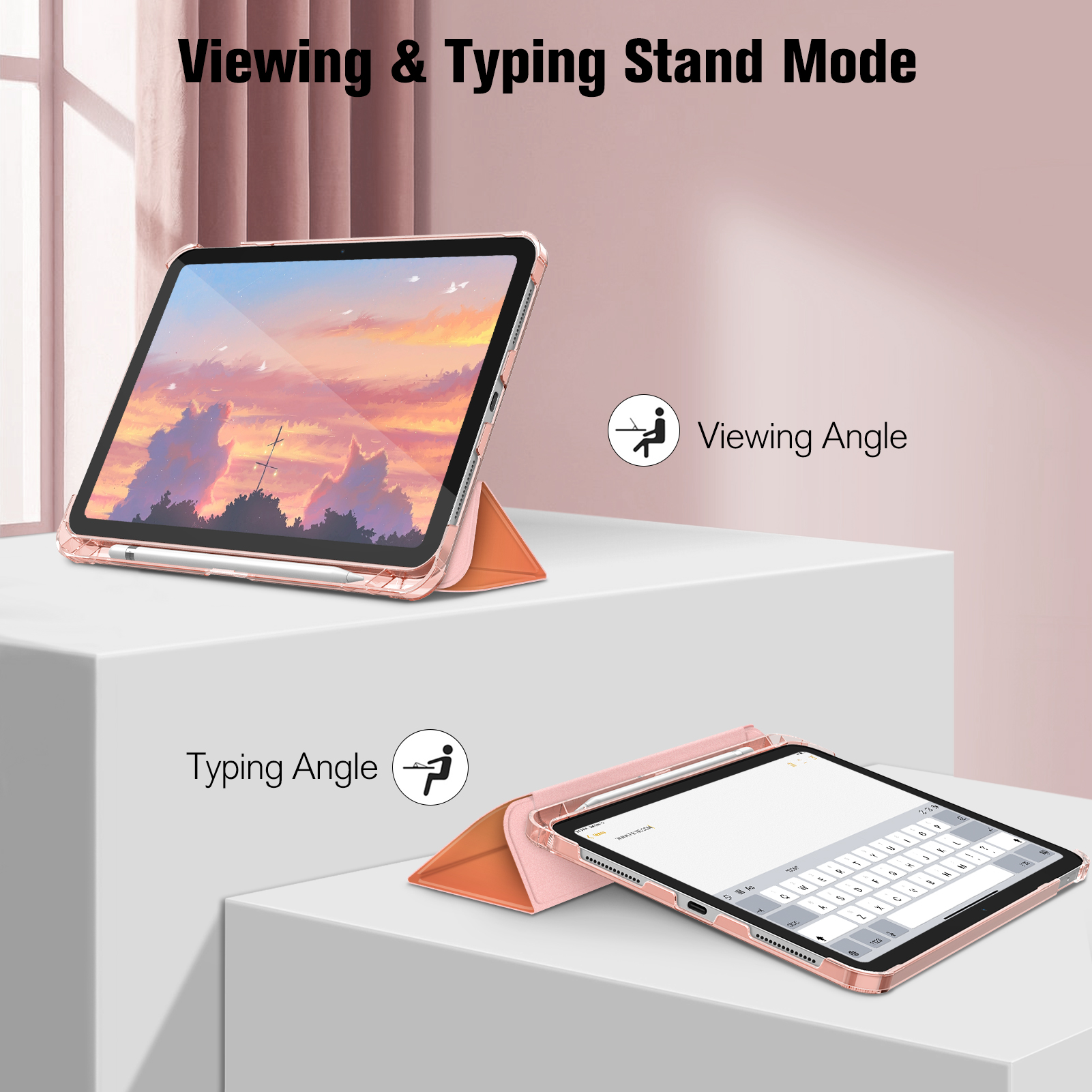 Das Bild zeigt ein iPad in einer Hülle, das in Betrachtungs- und Tippwinkeln dargestellt wird. Der Hintergrund ist rosa, mit Textüberlagerung.