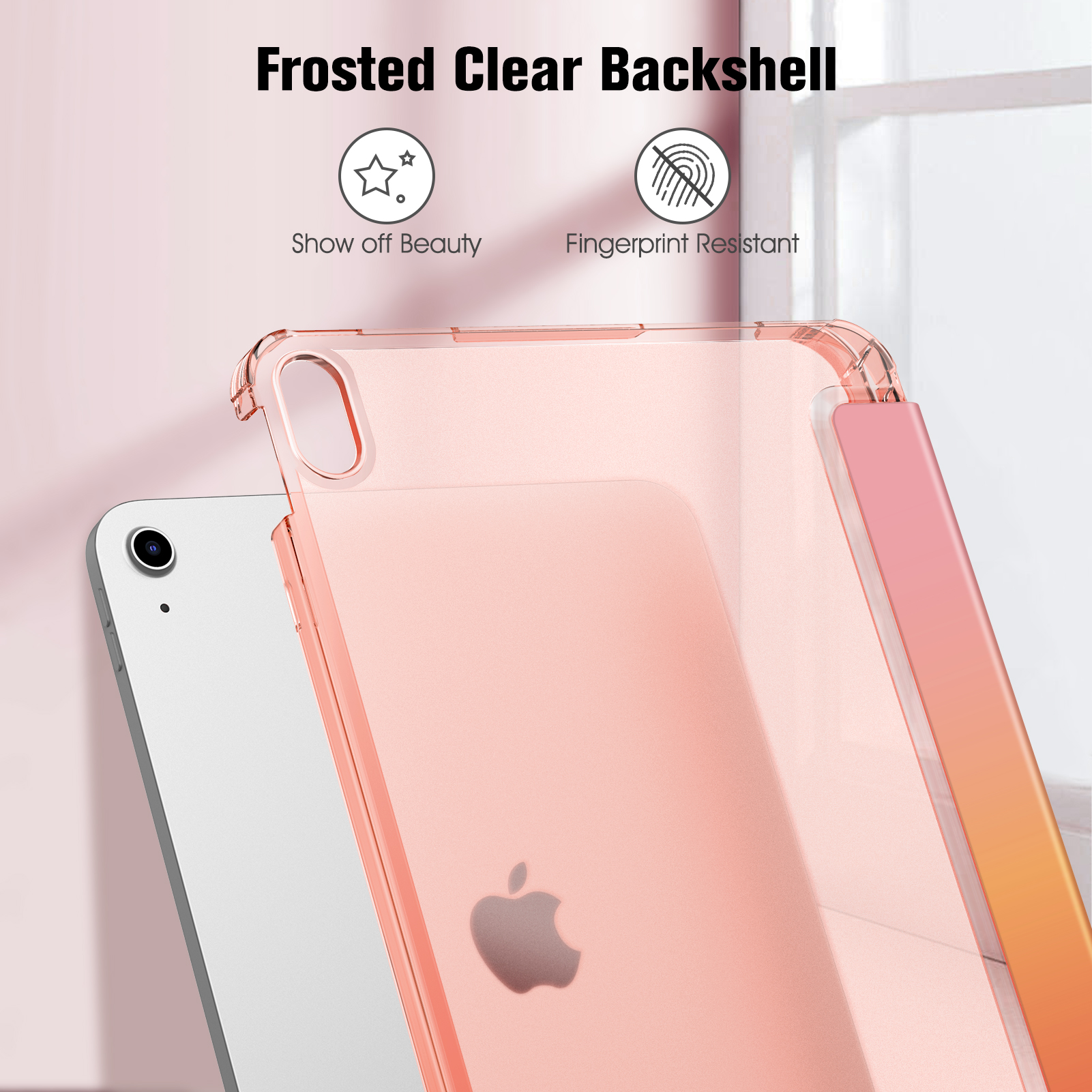 Transparente, rosa Handyhülle über einem weißen Gerät. Text sagt: 'Frosted Clear Backshell'. Merkmale: Schönheit, Fingerabdruckresistent.
