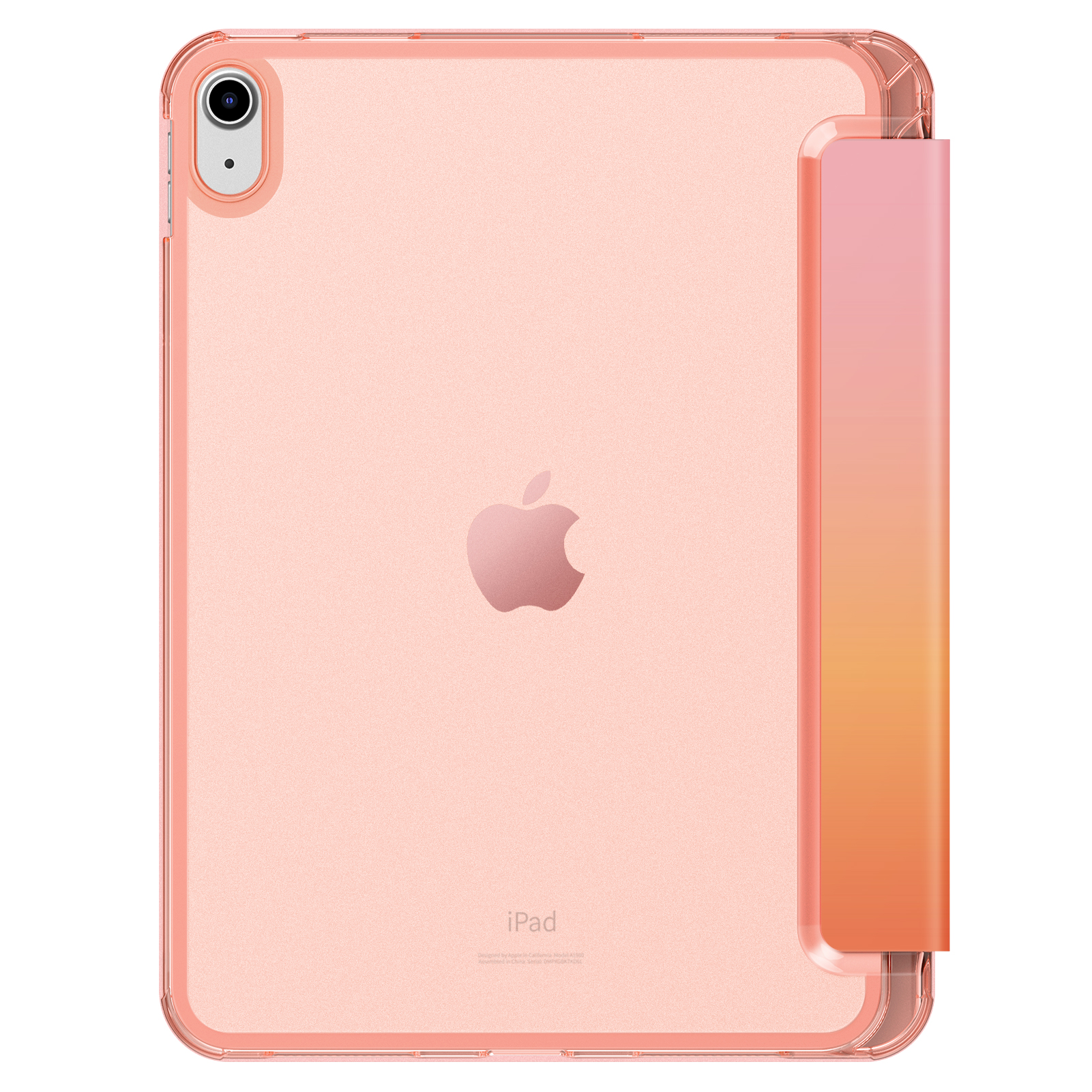 Rosa iPad mit passender Hülle. Der Bezug hat einen Farbverlauf von Rosa nach Orange. Apple-Logo ist sichtbar. Klare Hülle.