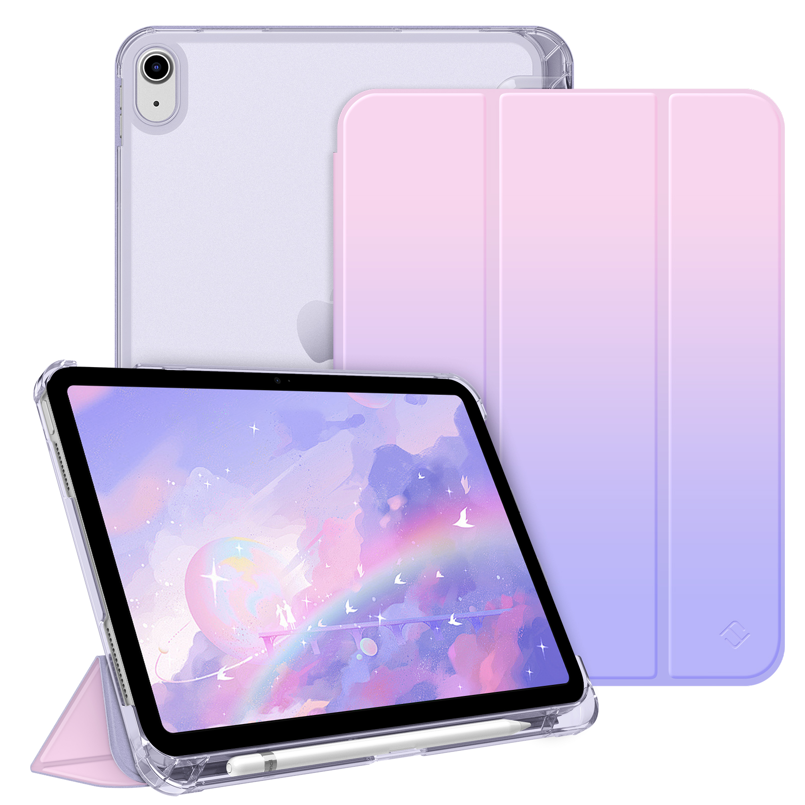 Ein iPad mit Hülle und Abdeckung. Der Bildschirm zeigt eine bunte Zeichnung. Die Abdeckung hat einen Farbverlauf.