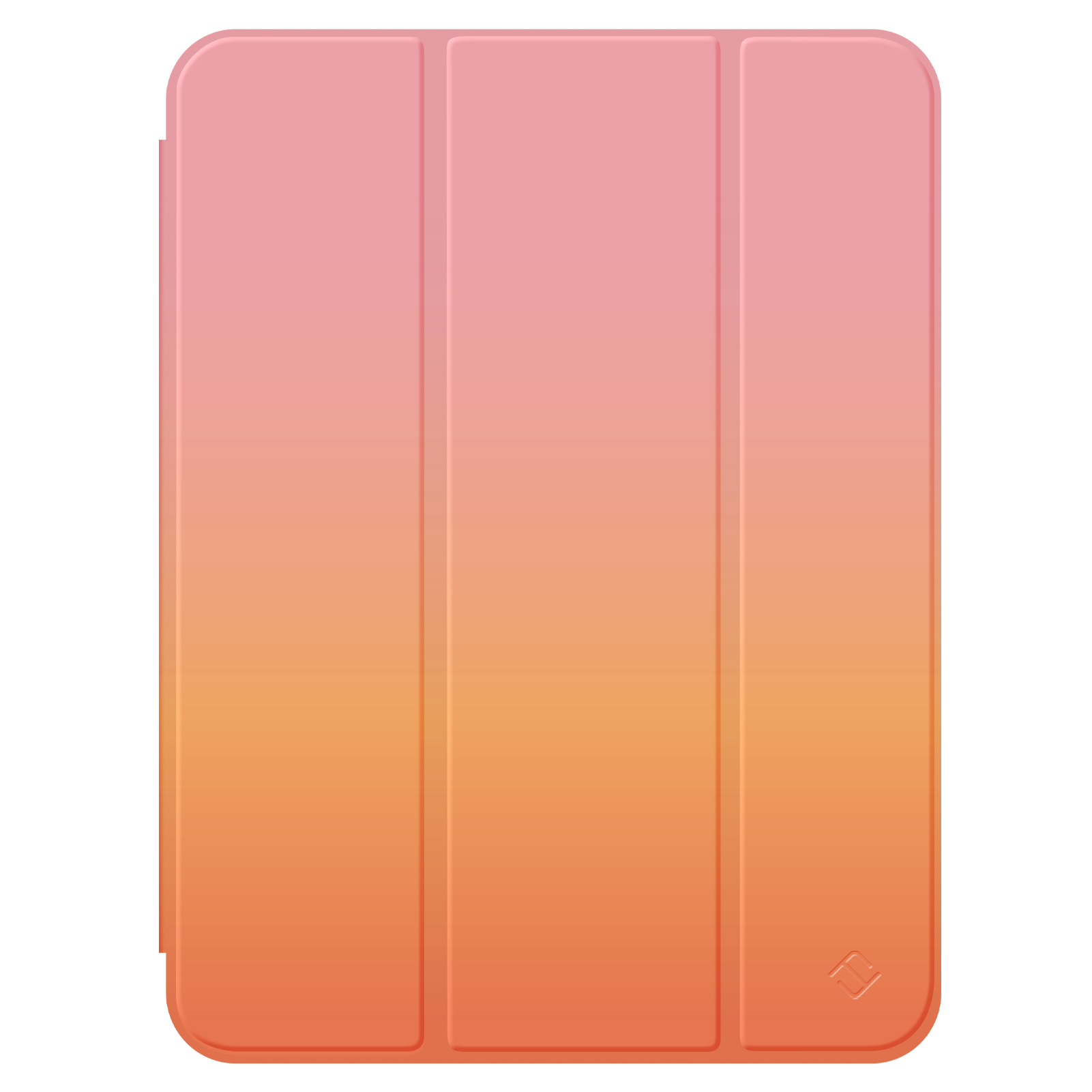 Eine Tablet-Hülle mit rosa und orangefarbenem Farbverlauf. Sie hat eine abgerundete Rechteckform mit drei vertikalen Paneelen und einem Logo.