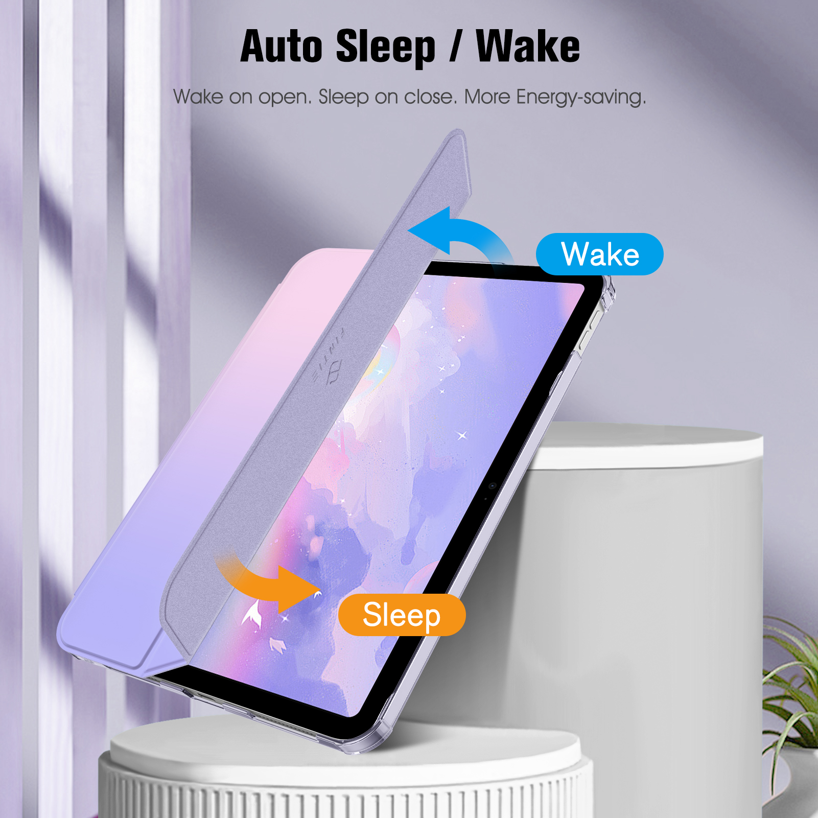 Tablet mit lila Hülle. Pfeile zeigen die Aufwach- und Schlaf-Funktionen. Text: Auto Sleep/Wake. Wake on open. Sleep on close.