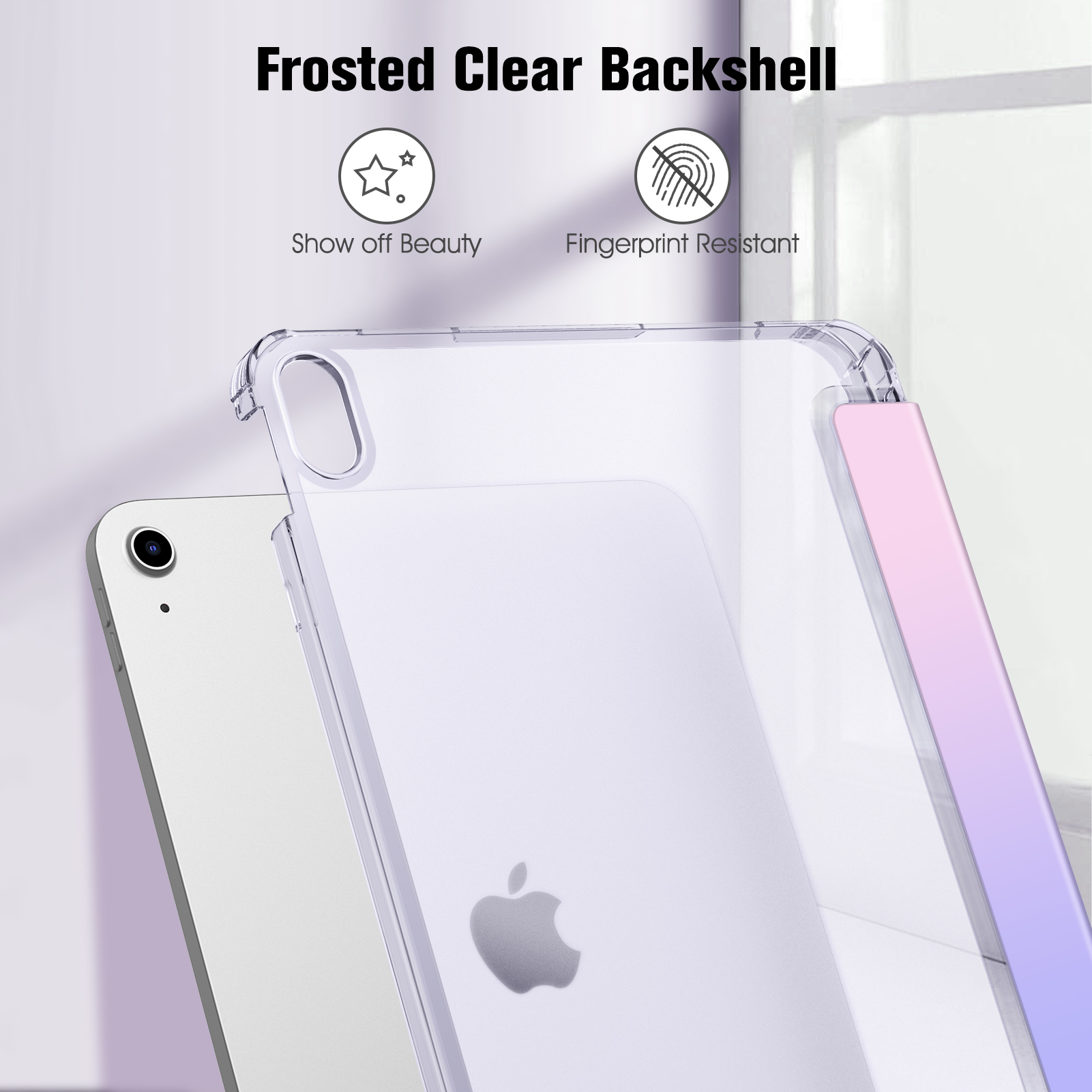 Gezeigt wird eine transparente Handyhülle. Sie überlagert ein weißes Tablet mit einem Apple-Logo. Der Text lautet "Frosted Clear Backshell".