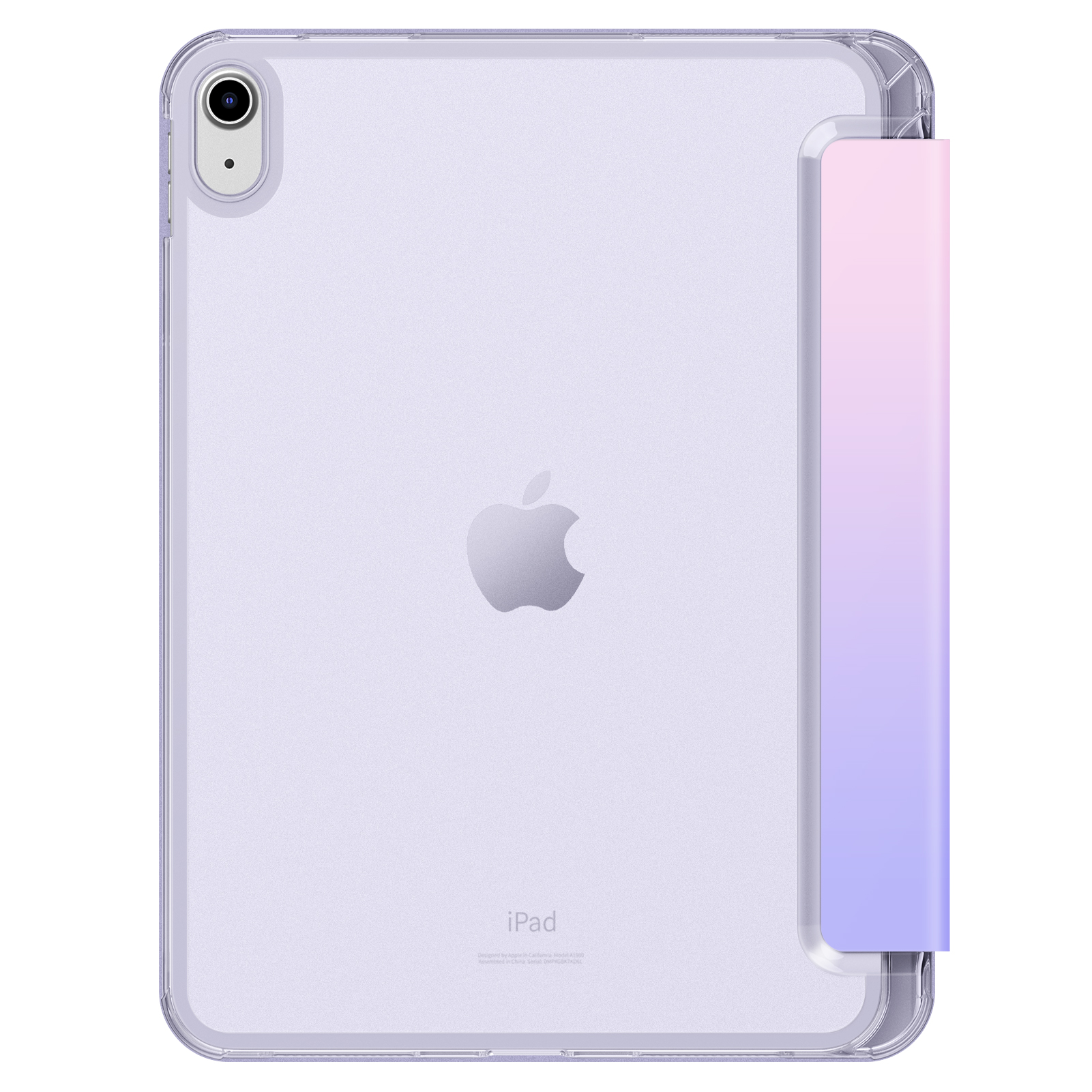 Ein iPad in einer durchsichtigen Hülle mit einem Farbverlauf. Die Hülle zeigt die Rückseite des Geräts, einschließlich des Apple-Logos.