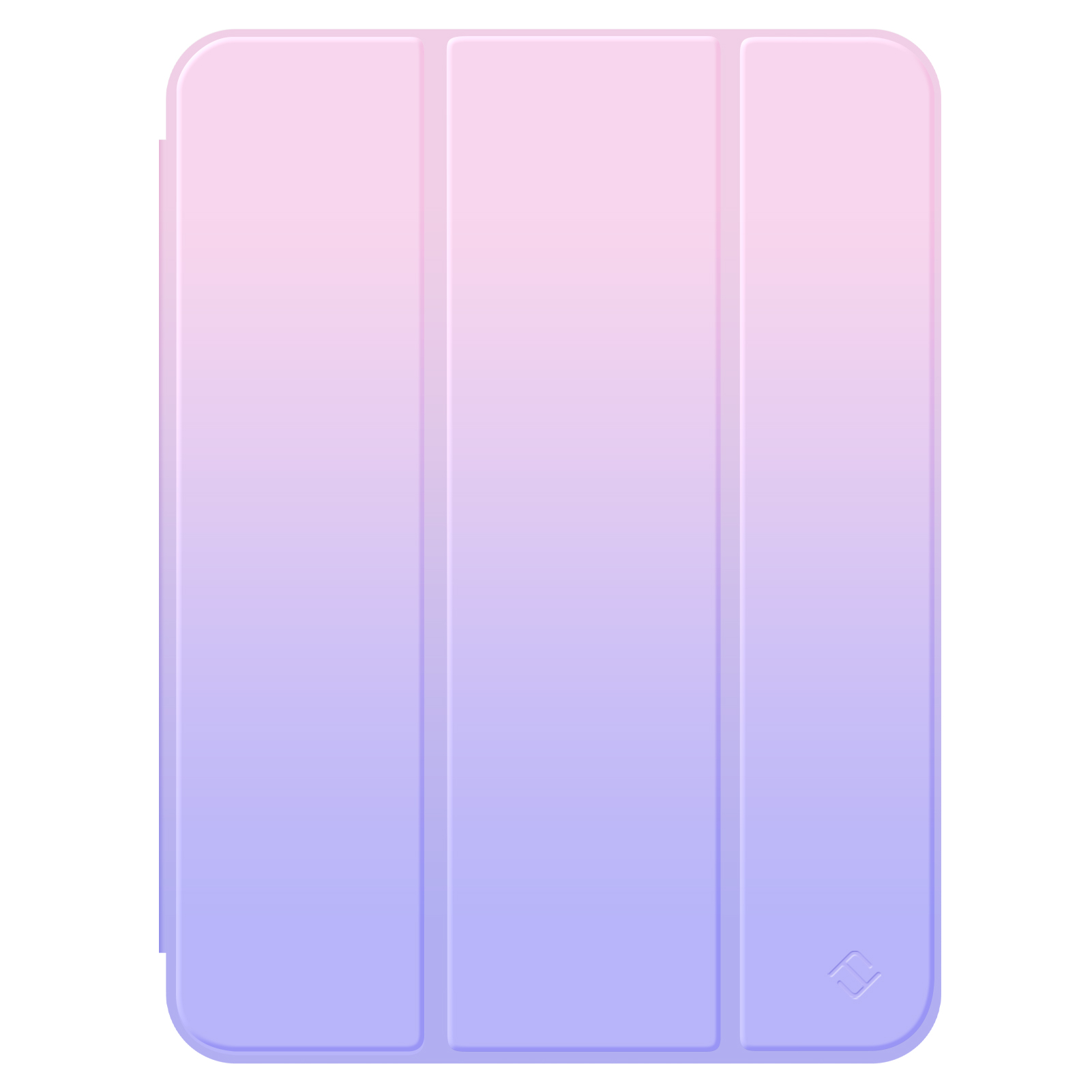 Eine Tablethülle mit Farbverlauf von Rosa nach Lila. Sie hat drei Abschnitte und ein Logo unten rechts.