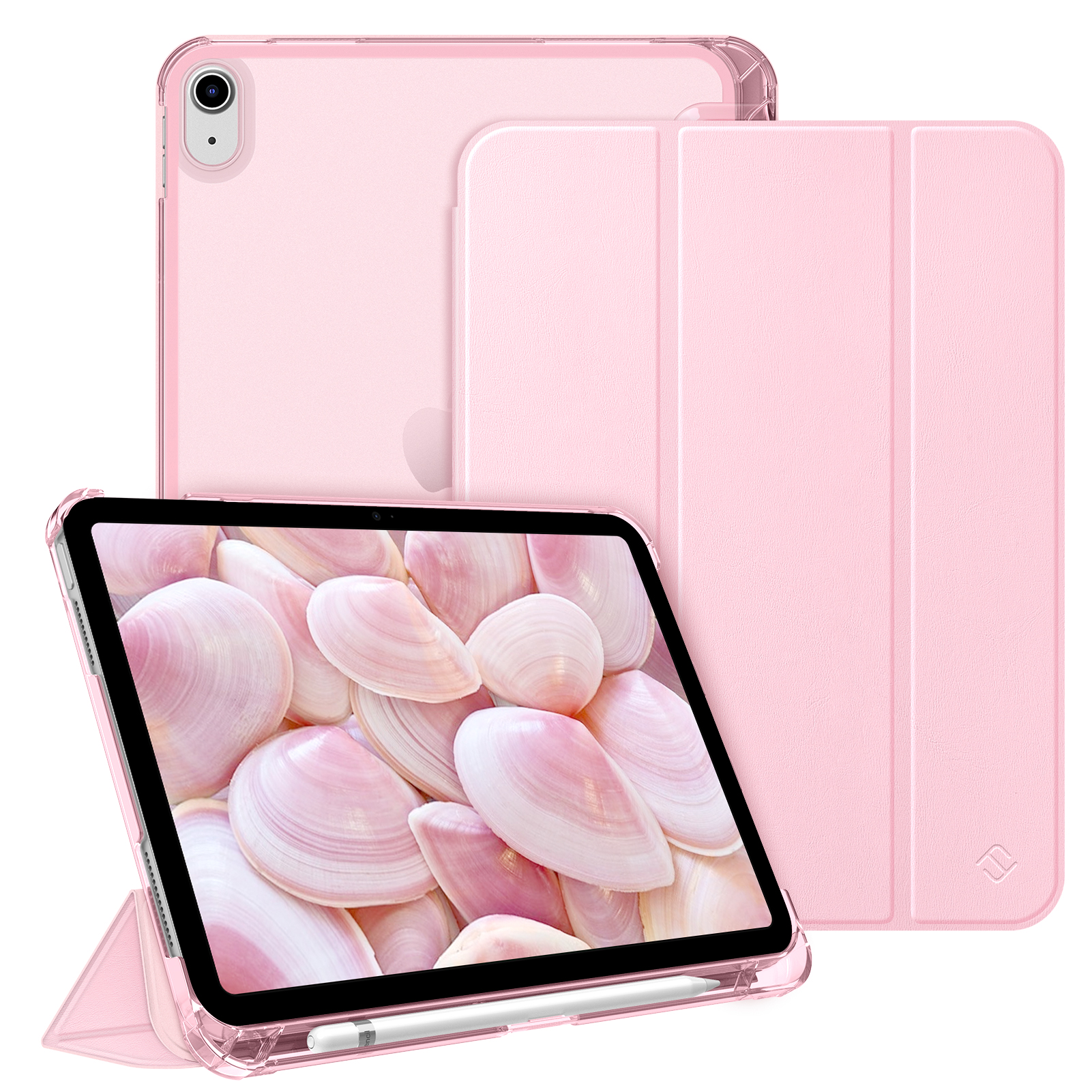 Rosa iPad mit Muscheln auf dem Bildschirm. Zusätzliche rosa Abdeckungen und Hüllen sind ebenfalls vorhanden. Ein weißer Stift ist sichtbar.