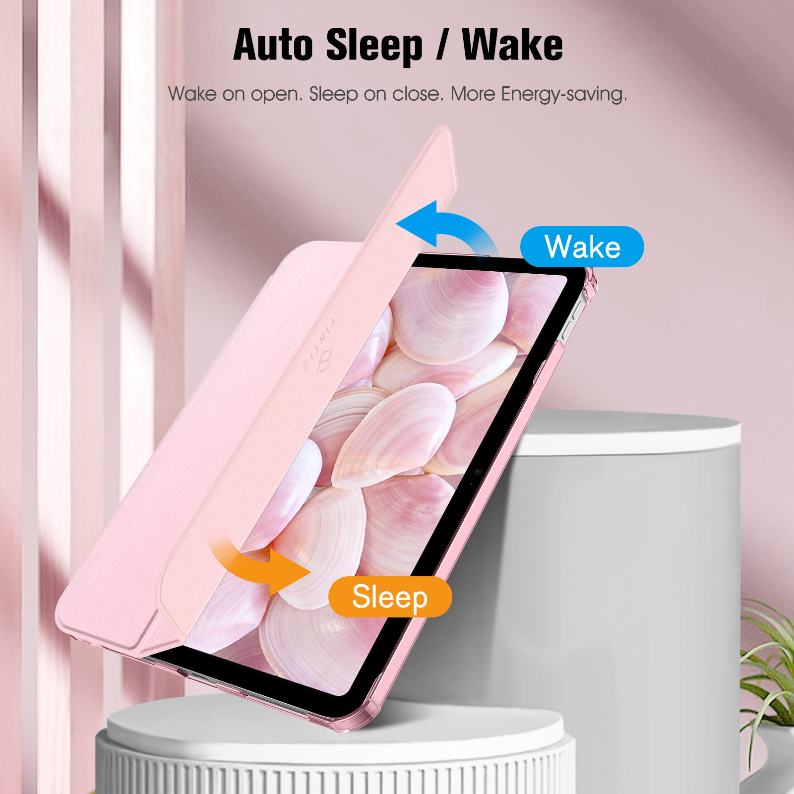 Ein rosa Tabletfach öffnet sich. Pfeile zeigen Wake- und Sleep-Funktionen an. Text: Auto Sleep/Wake, Wake on open, Sleep on close.