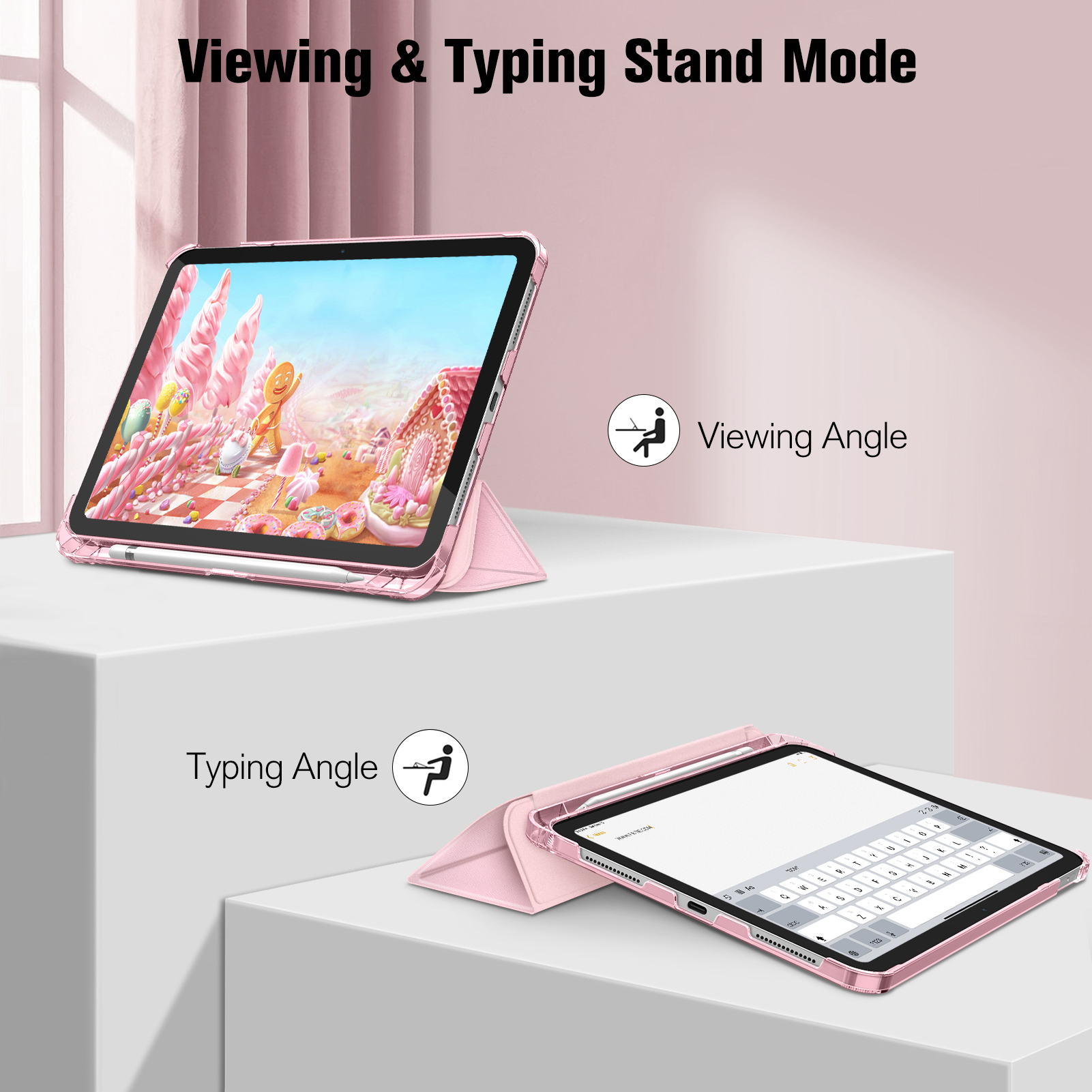 Rosa Tablet-Hülle in Betrachtungs- und Tippwinkel-Modi. Zeigt ein Tablet mit einem Süßigkeitenland-Bild auf dem Bildschirm und der Tastatur.