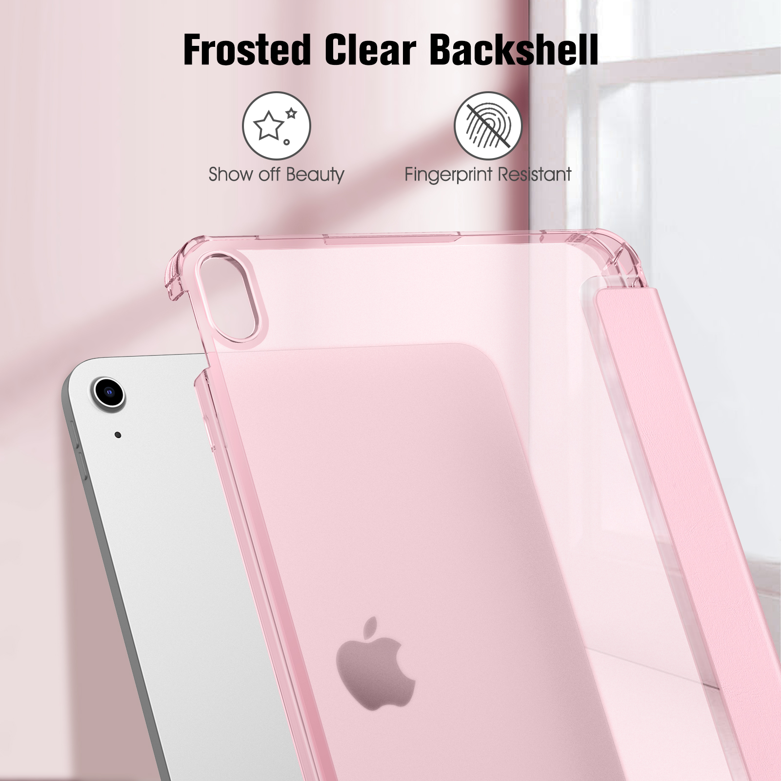 Ein rosa iPad mit einer durchsichtigen, rosa Hülle. Die Hülle zeigt das Apple-Logo. Oben steht 'Frosted Clear Backshell'.