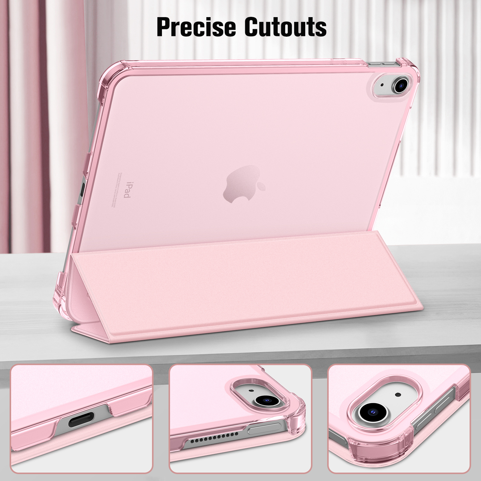 Ein rosa iPad in einer rosa Hülle steht auf einer weißen Oberfläche. Die Hülle ist offen, Nahaufnahmen zeigen Ausschnitte für Anschlüsse.
