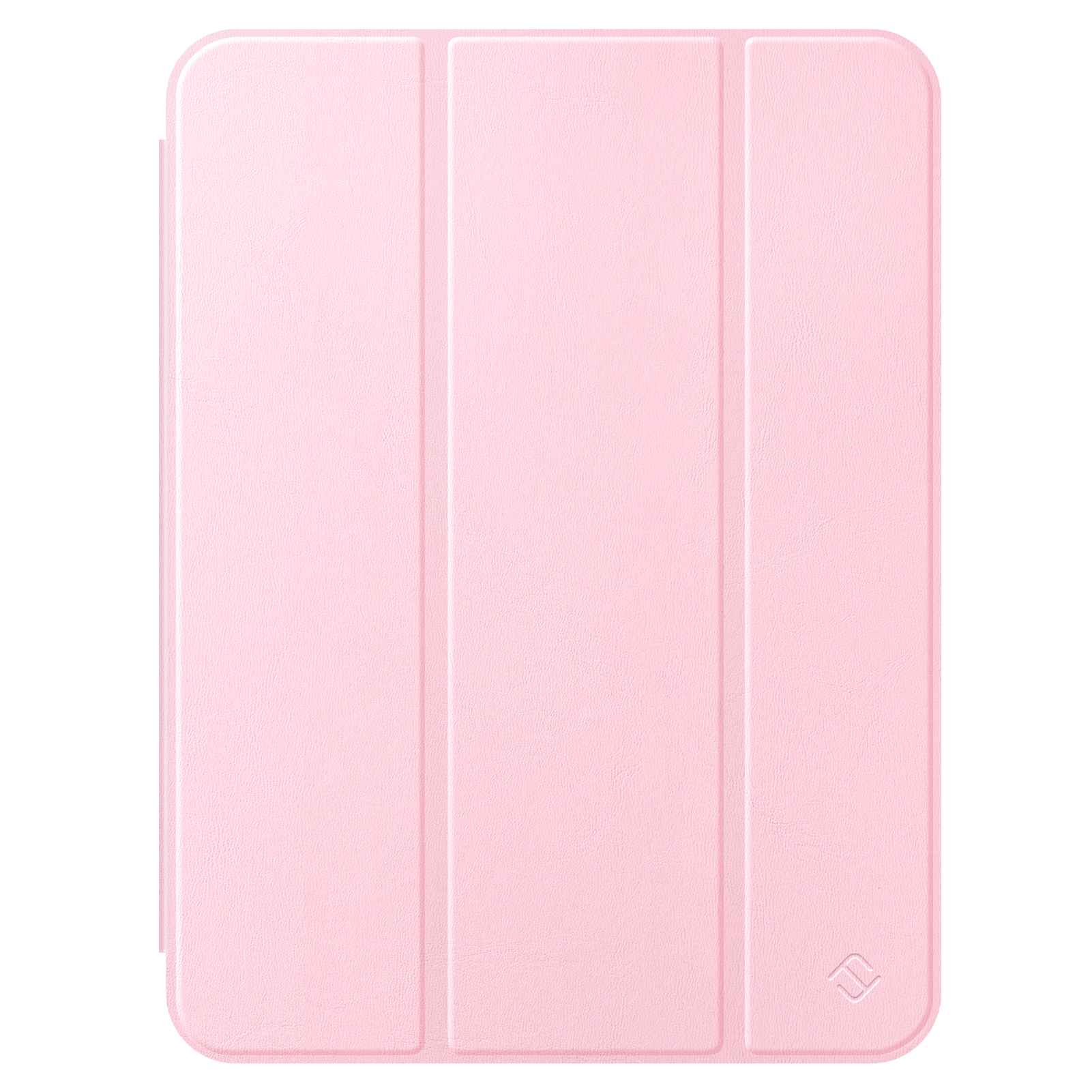 Eine hellrosa Tablet-Hülle, geschlossen, mit drei Paneelen. Ein Logo ist unten rechts sichtbar.