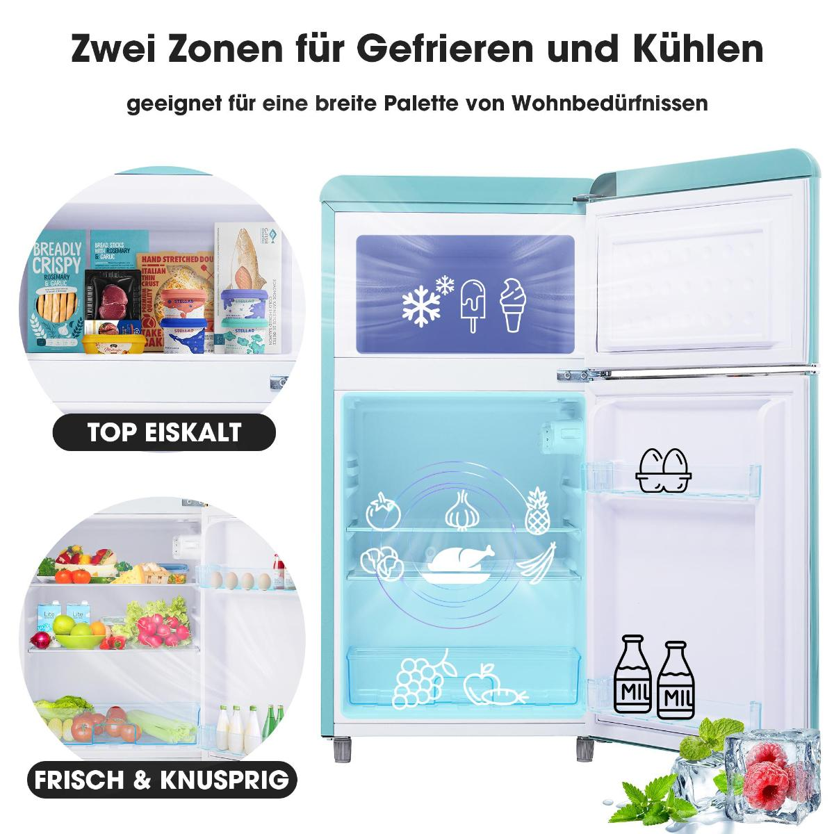 Türkisfarbener Kühlschrank mit offenen Türen. Oberer Teil hat Gefriersymbol. Unterer Teil zeigt frische Produkte, Eier und Milch.