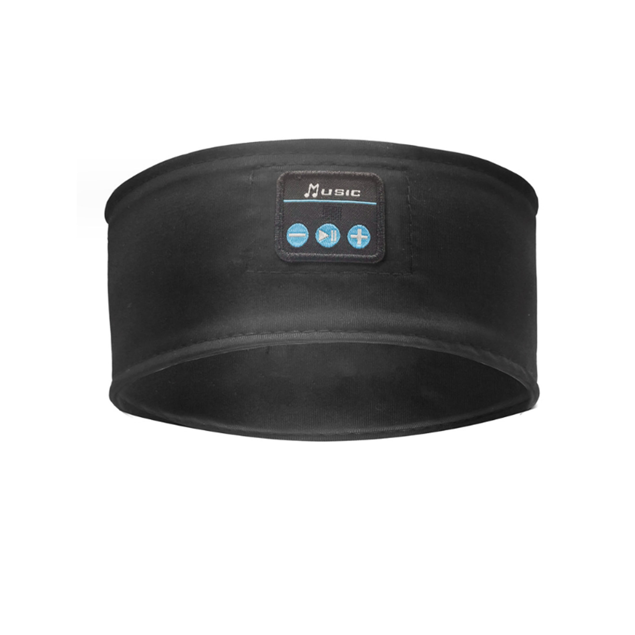 Ein schwarzes Stirnband mit einem Bedienfeld in der Mitte. Das Feld hat Musiksymbole und Steuertasten.
