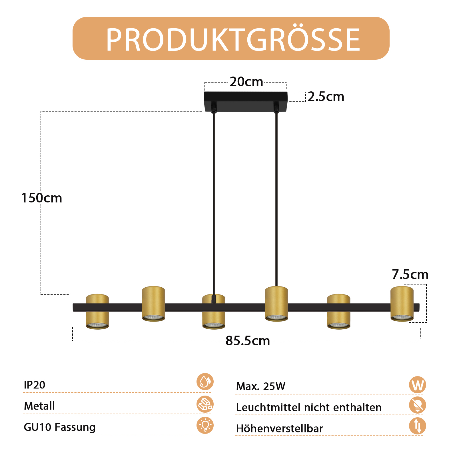 Eine Deckenleuchte mit sechs zylindrischen Goldlampen, schwarzem Rahmen und schwarzen Drähten. Maße und Produktdetails werden angezeigt.