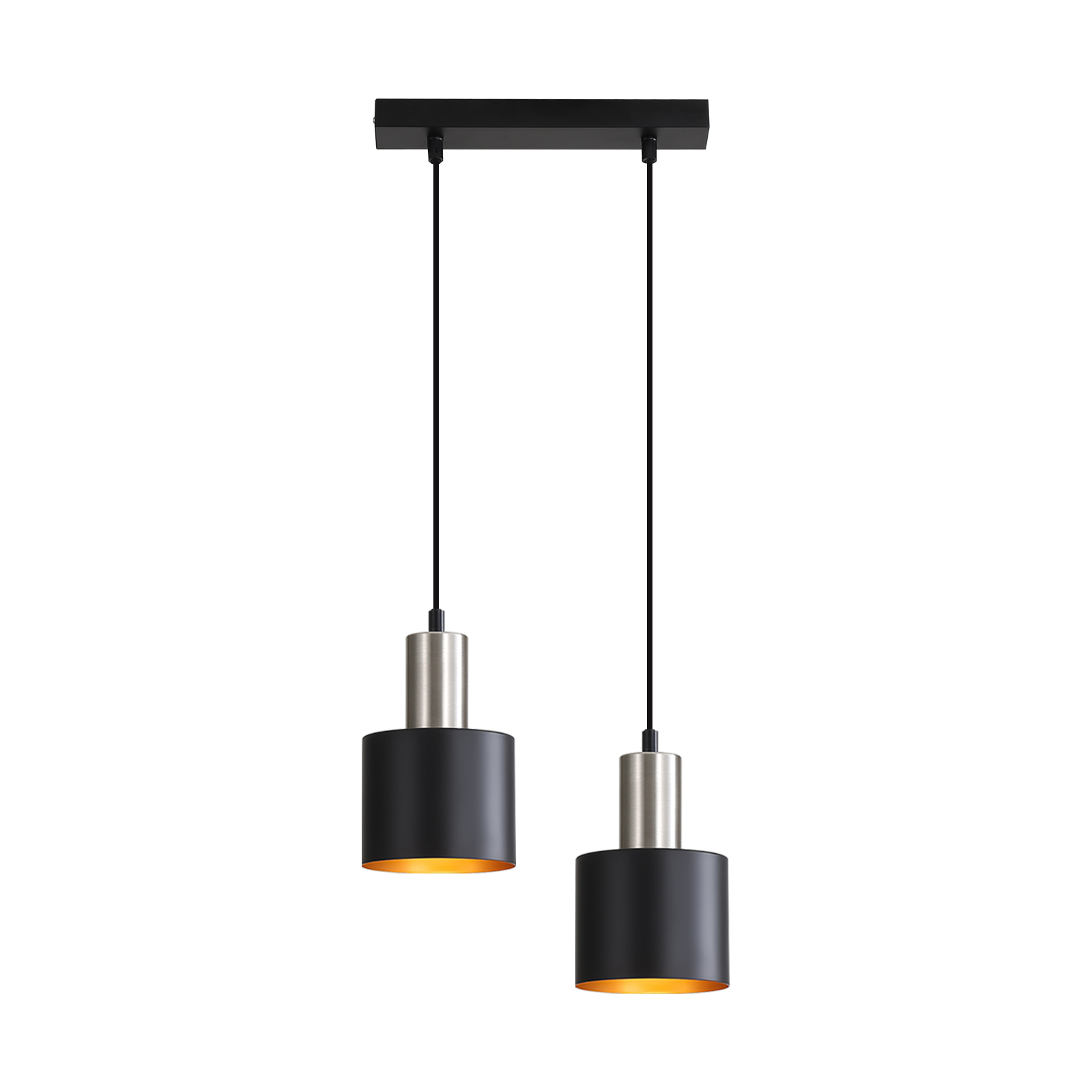 Zwei moderne Pendelleuchten. Schwarze zylindrische Schirme mit silbernen Oberteilen hängen von einem schwarzen rechteckigen Sockel.