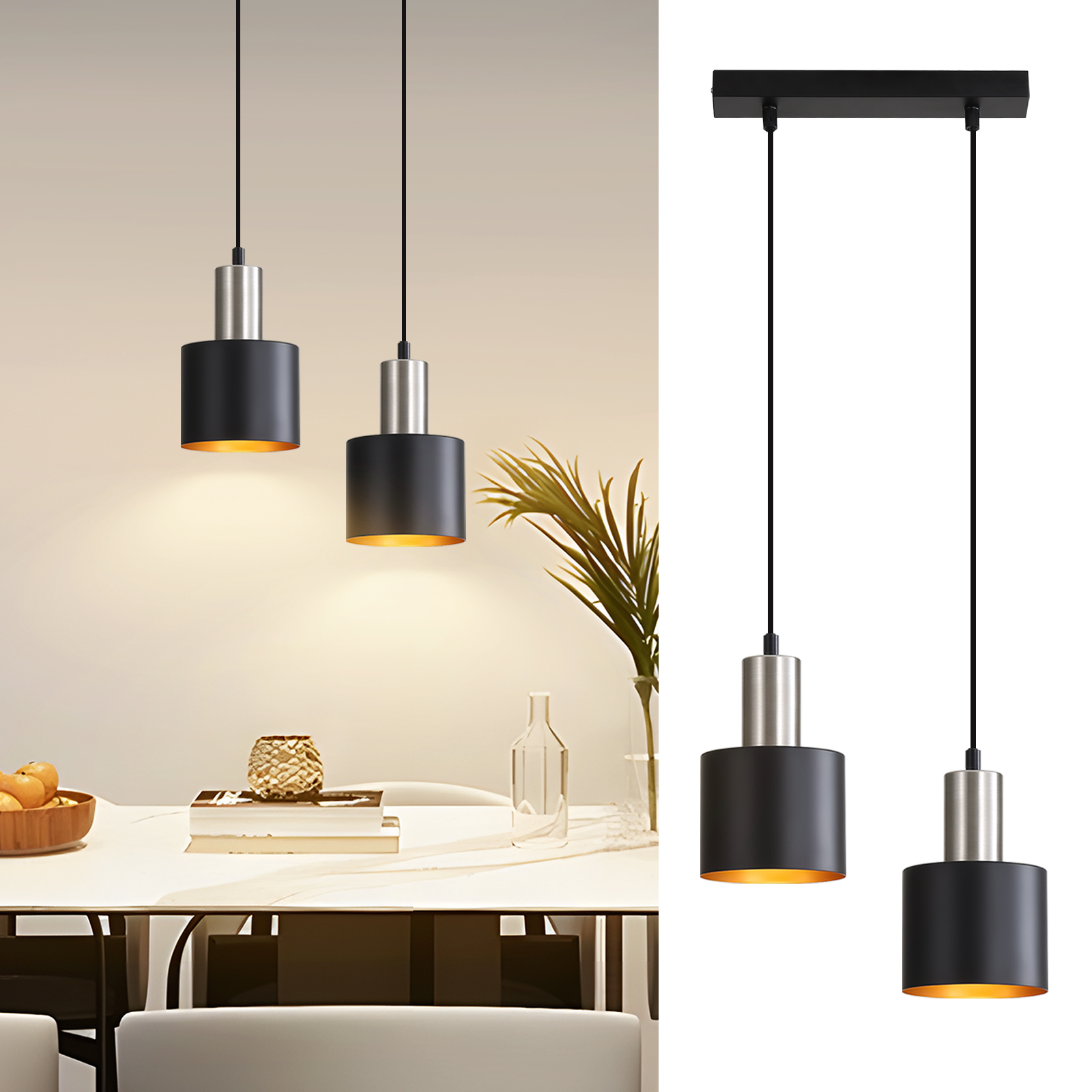 Schwarze und silberne Pendelleuchten hängen über einem Tisch mit Essen. Der Hintergrund zeigt eine weiße Wand.