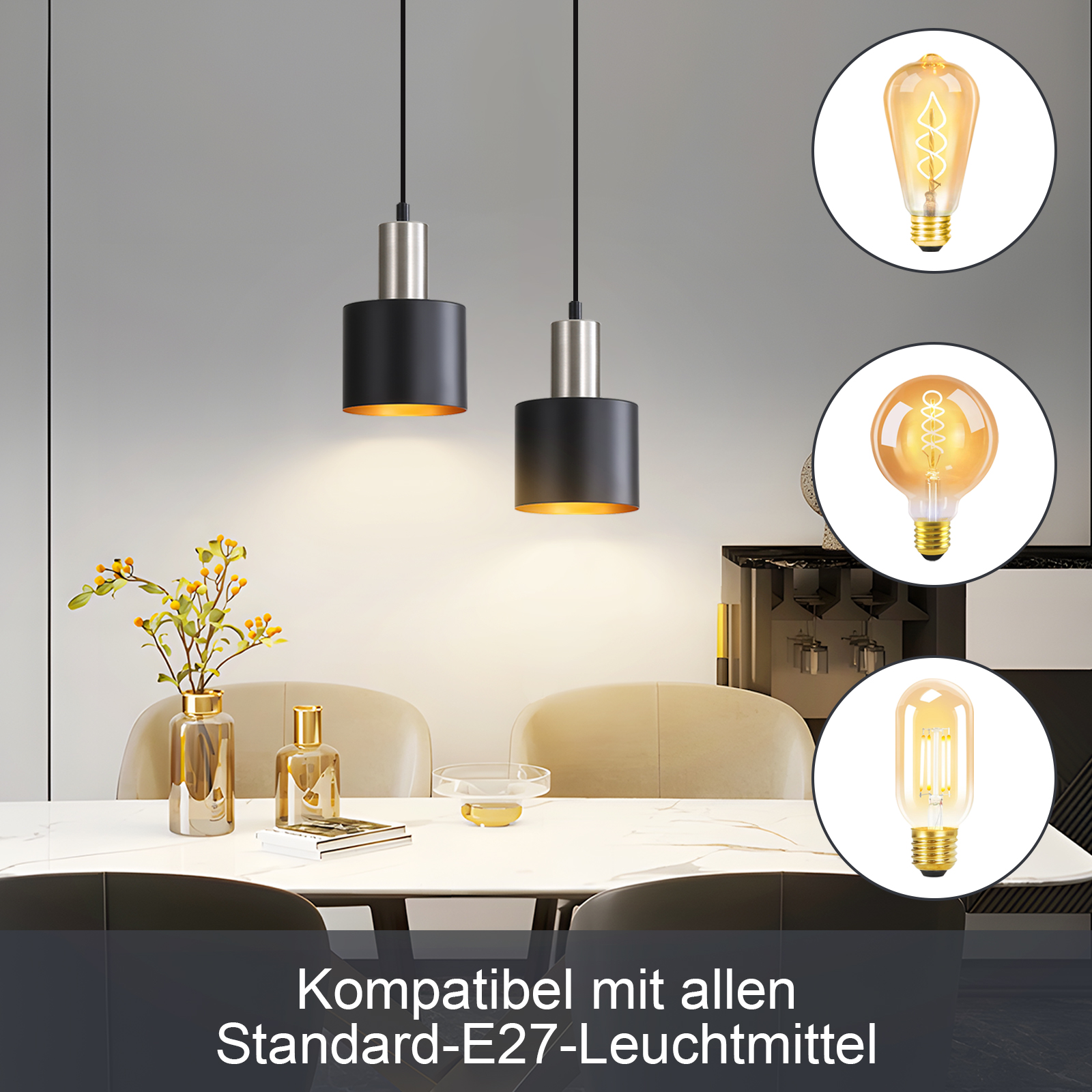 Zwei Pendelleuchten über einem Tisch. Verschiedene Glühbirnen werden angezeigt. Der Tisch hat Dekoration und Stühle. Text unten.